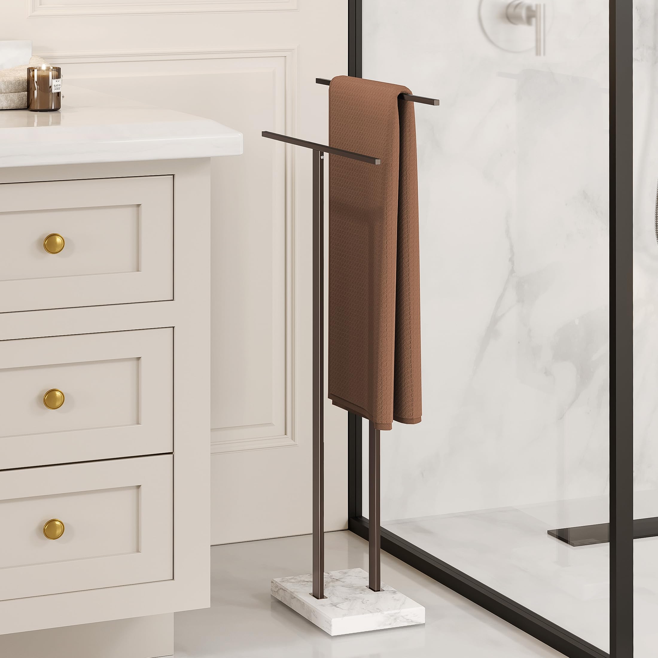 KES Standing Towel Rack with Black Natural Marble Base, 2-Tier Towel Rack Stand for Bathroom Floor, Bath Towel Holder Fits Bath Towel & Hand Towel,18/8 Stainless Steel, BTH217-BBK