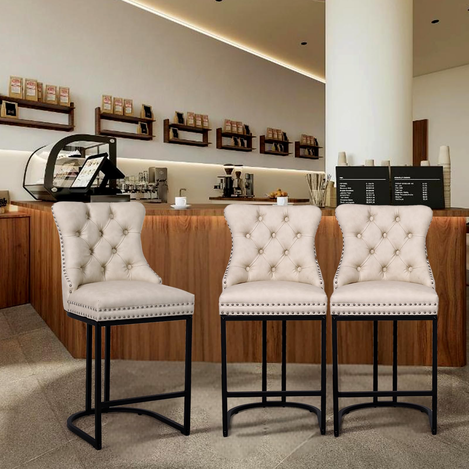 UVV Counter Height Bar Stools Set of 1, 26" Modern Barstools with Back, Velvet Upholstery Counter Chairs with Metal Legs for Kitchen Island, Bar, Counter, Beige