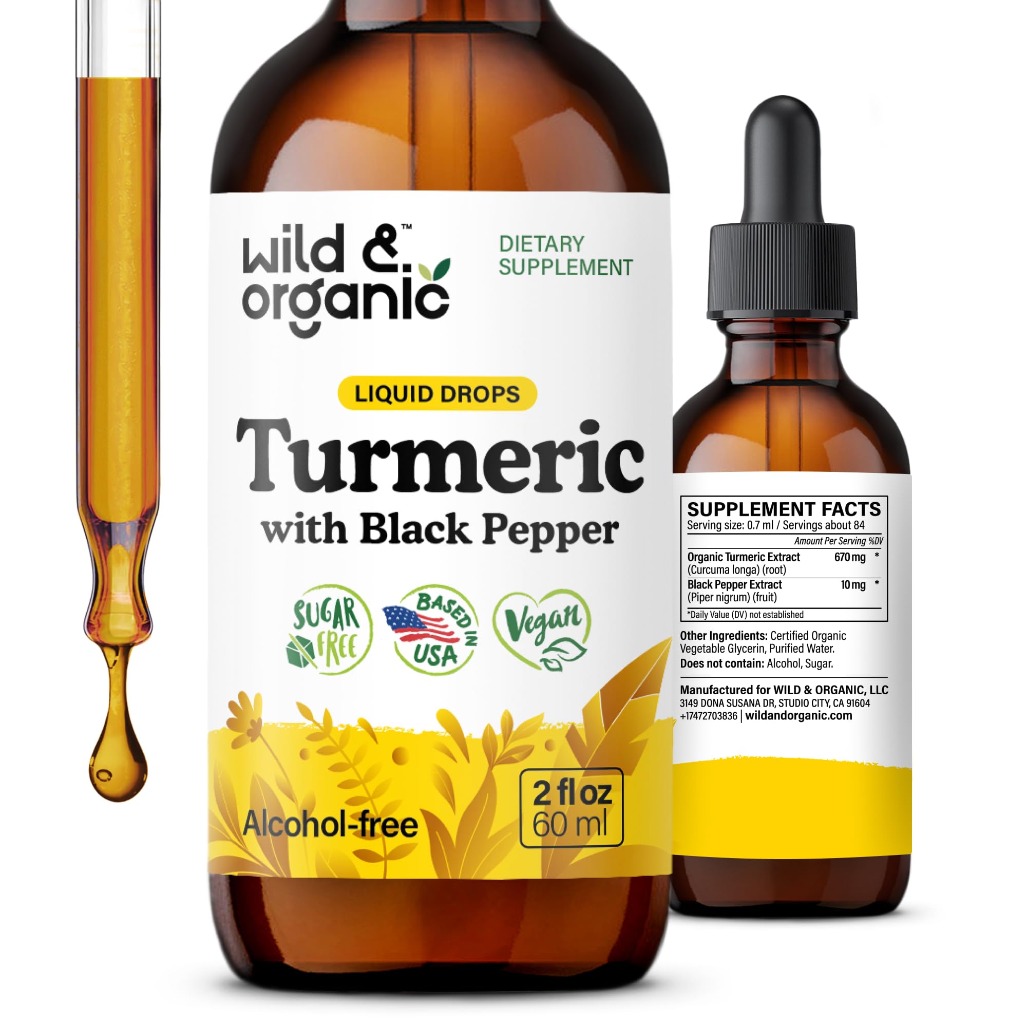 Wild & Organic Turmeric Curcumin Supplement with Black Pepper - Movement & Immune Support - Liquid Turmeric Curcumin with Black Pepper - Add to Tea Drops - Vegan, Sugar & Alcohol-Free Tincture - 2 oz