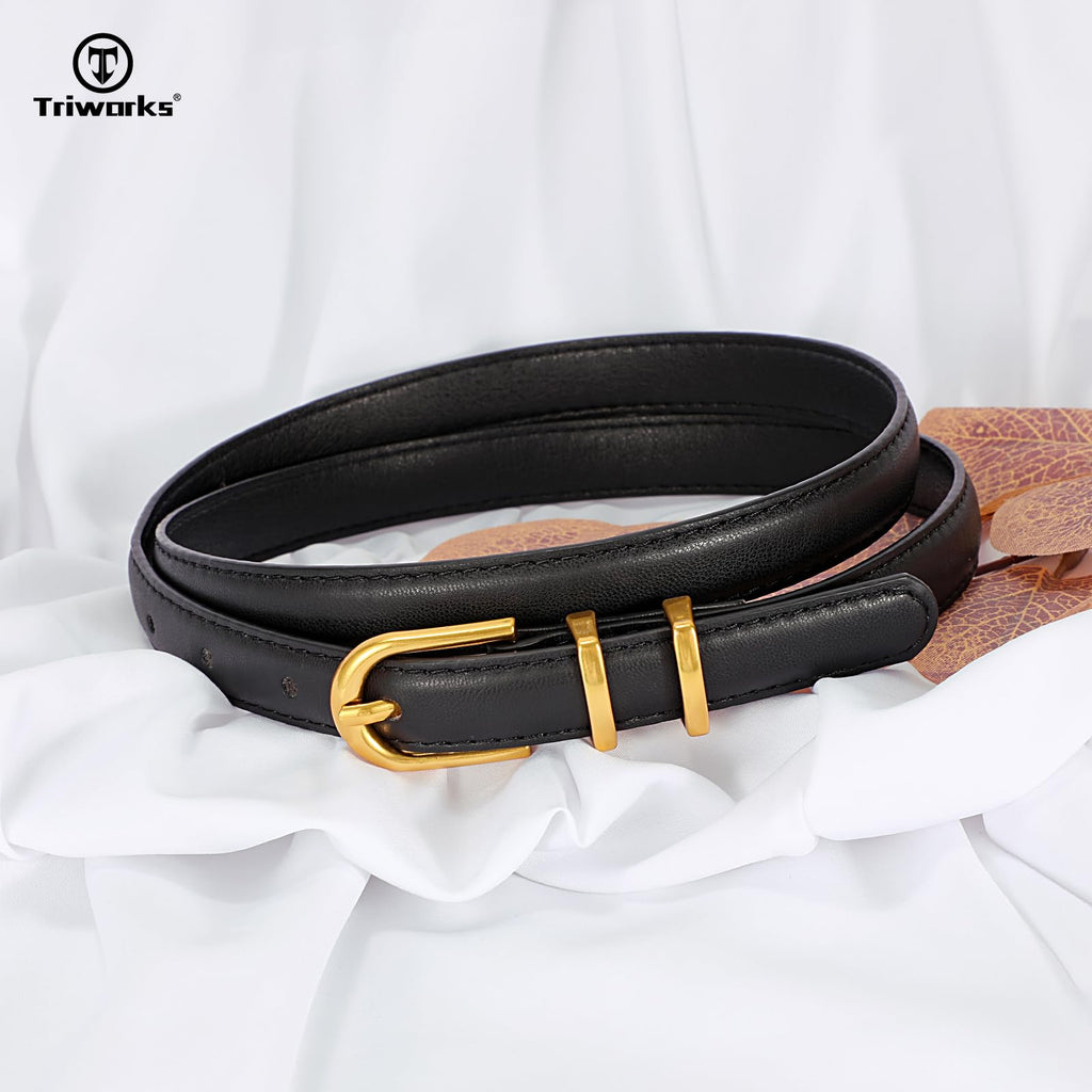 TRIWORKS 2 Pack Women Skinny Leather Belts for Jeans Pants Thin Faux Leather Belt with Gold Buckle