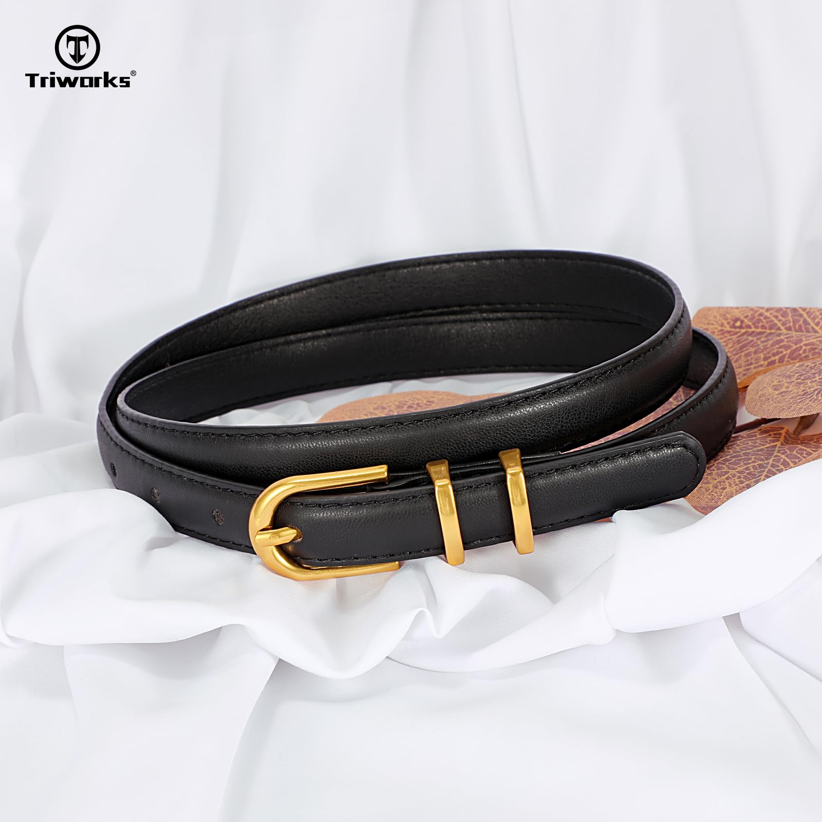 TRIWORKS 2 Pack Women Skinny Leather Belts for Jeans Pants Thin Faux Leather Belt with Gold Buckle