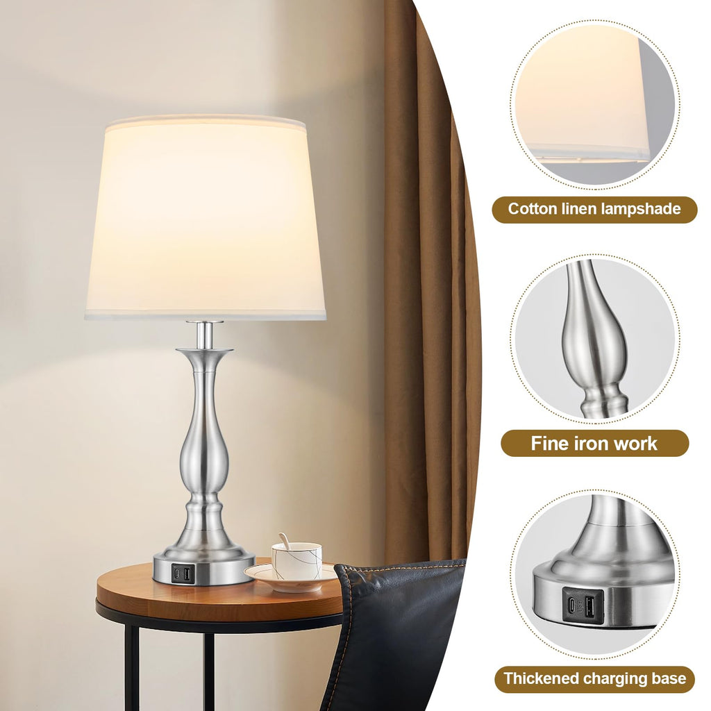 Bedside Table Lamp Touch Control Bedroom Lamps with USB A and C Charging Port 3 Way Dimmable Touch Lamps for Nightstand Living Room Bedroom Dorm Home Office Reading, Set of 2