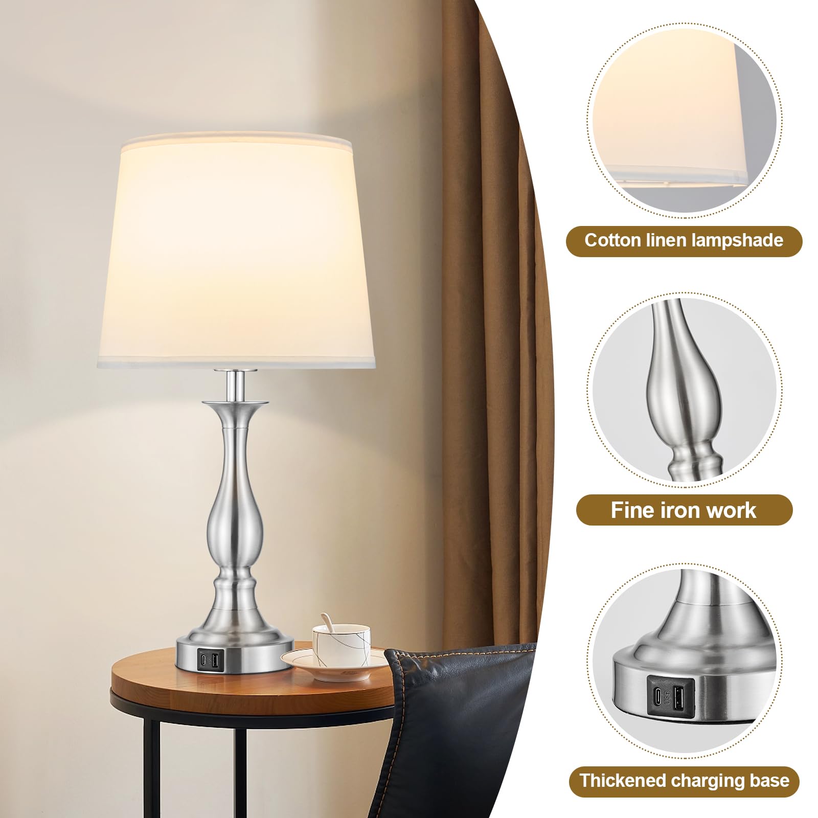 Bedside Table Lamp Touch Control Bedroom Lamps with USB A and C Charging Port 3 Way Dimmable Touch Lamps for Nightstand Living Room Bedroom Dorm Home Office Reading, Set of 2