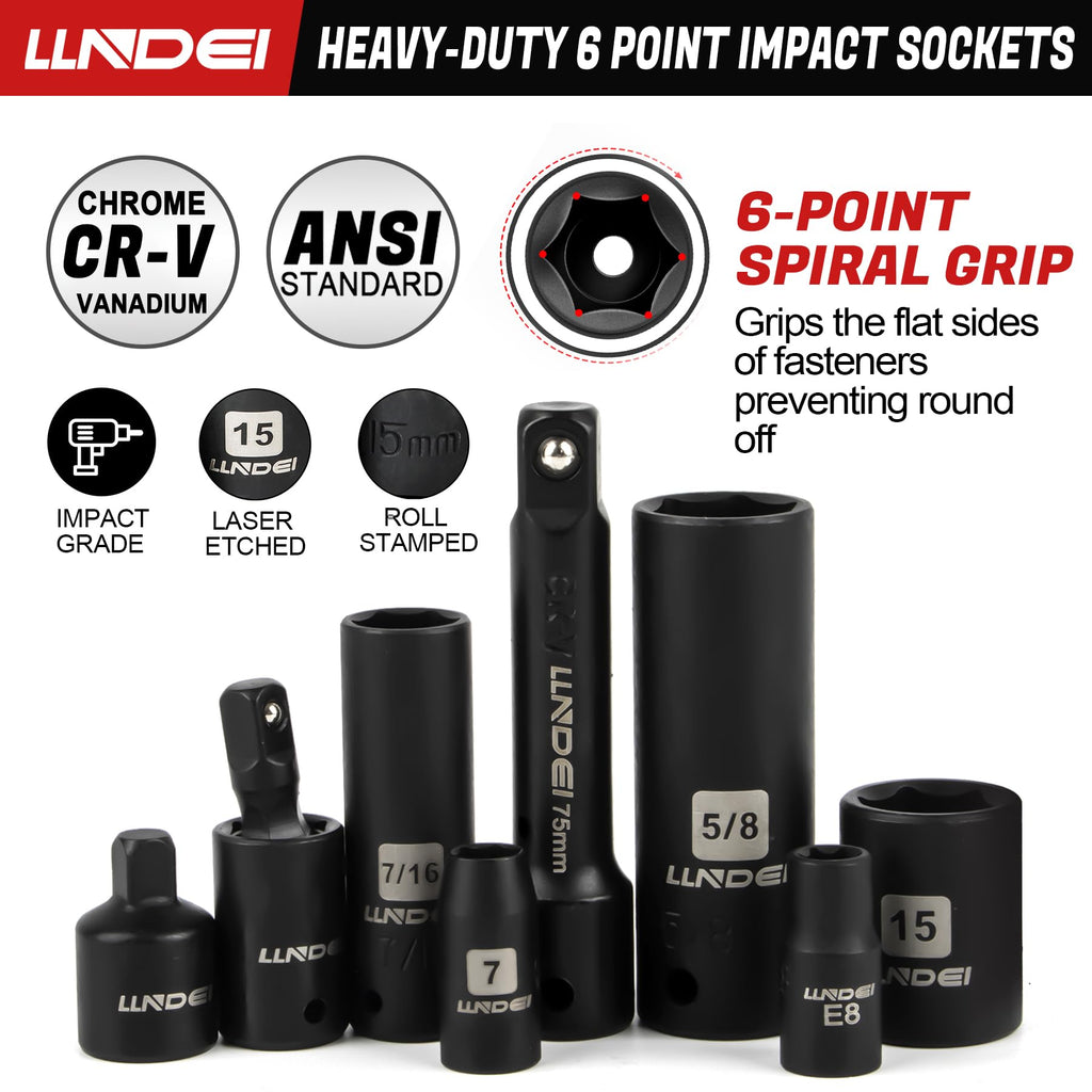 LLNDEI 1/2 inch Drive Deep Impact Socket Set, 37 Piece Standard SAE 3/8" to 1-1/4" | Metric 8 to 24mm, Includes Spark Plug Socket (16, 21mm), CR-MO Universal Joint, Extension Bars and Adapter