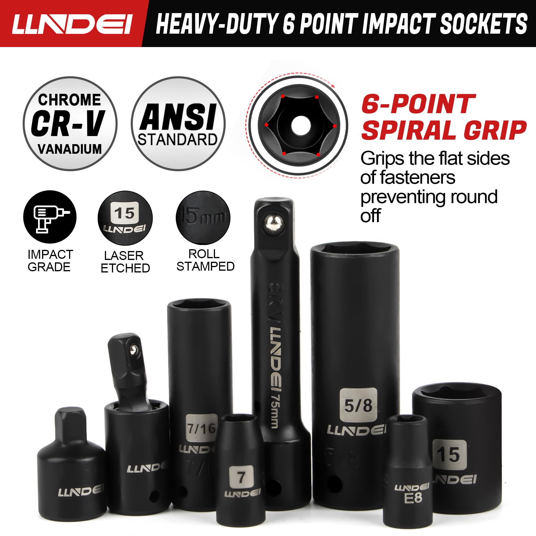LLNDEI 1/2 inch Drive Deep Impact Socket Set, 37 Piece Standard SAE 3/8" to 1-1/4" | Metric 8 to 24mm, Includes Spark Plug Socket (16, 21mm), CR-MO Universal Joint, Extension Bars and Adapter