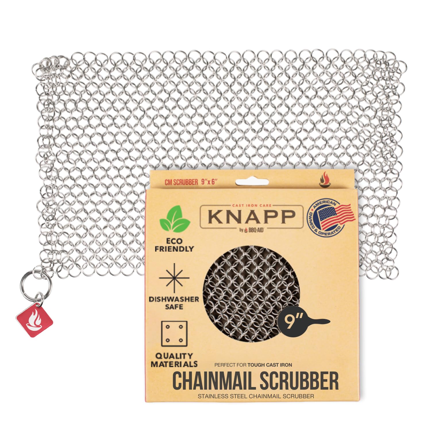 Knapp Made CM Scrubber 4" x 4" Small Ring Chainmail Cast Iron Scrubber, Premium Stainless Steel Mesh Cleaner for Pre-Seasoned Pans, Dutch Ovens, Grills and Skillets