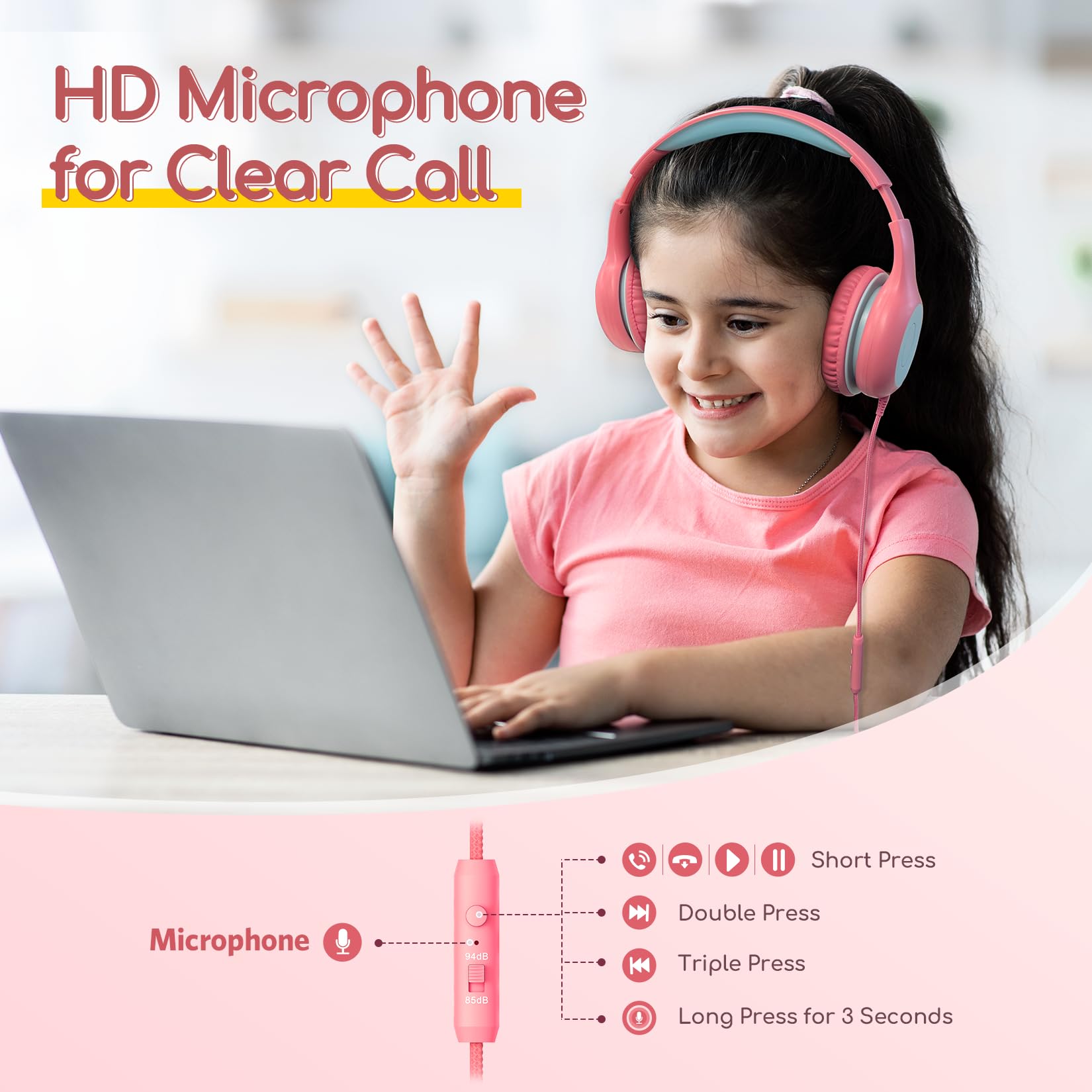 EarFun K1 Kids Headphones Wired with Microphone, 85/94dB Volume Limit Headphones for Kids, Portable Wired Headphone with Shareport, Stereo Sound Foldable Headset for School/Tablet/iPad, Black Red