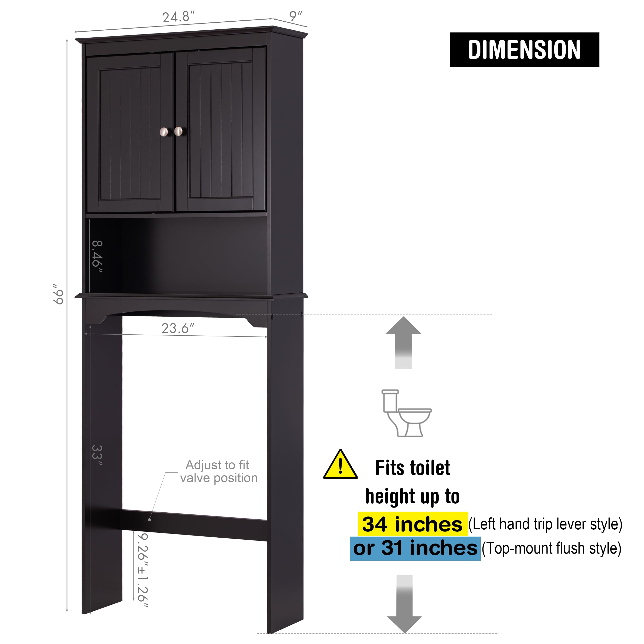 Spirich Over The Toilet Cabinet for Bathroom Storage, Above Toilet Storage Cabinet with Doors and Adjustable Shelves, Espresso