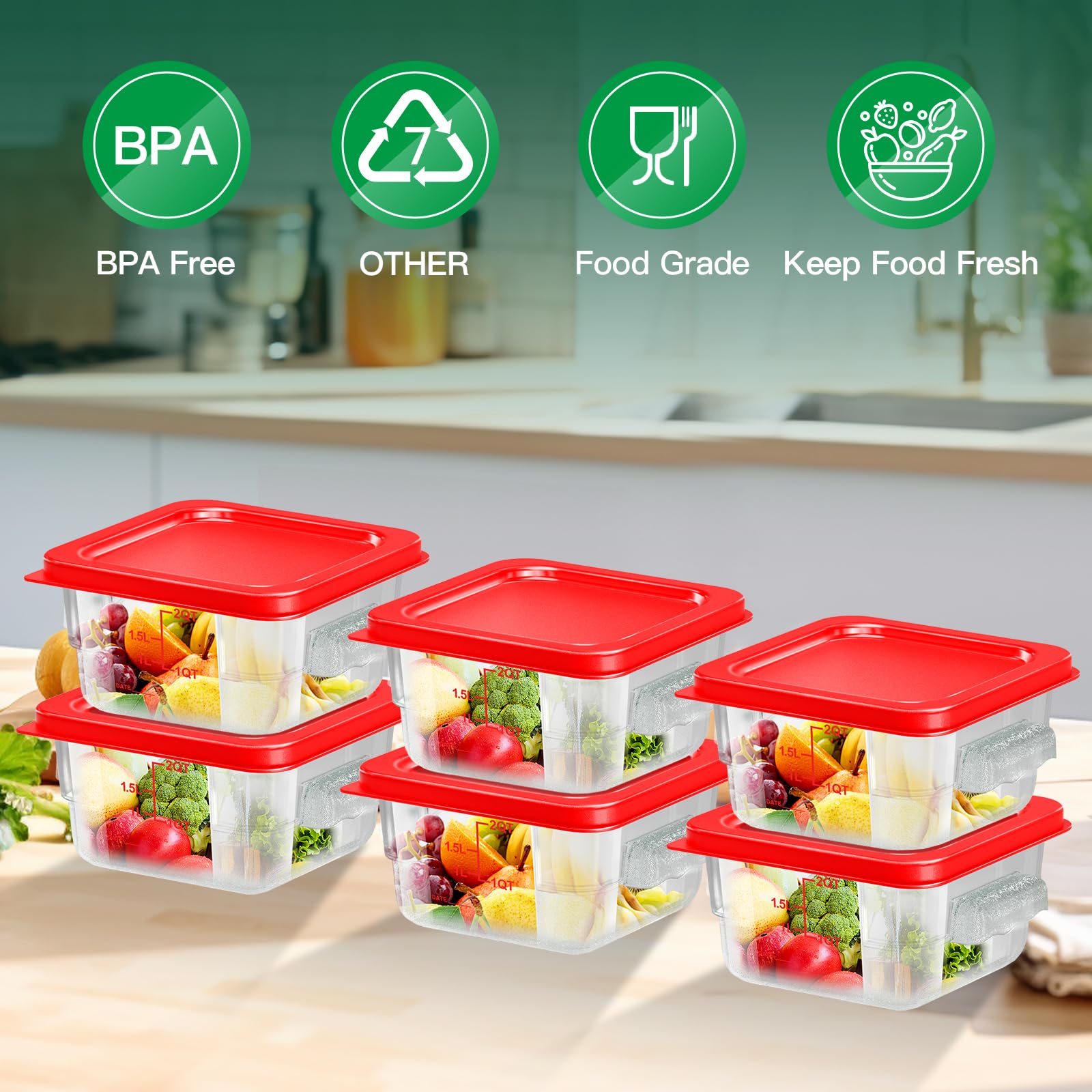 6 pcs 2qt Food Storage Containers with Lid, Square Clear Commercial Storage Containers with Handle and Scale for Food Storage in Home Kitchen & Dining (Green)