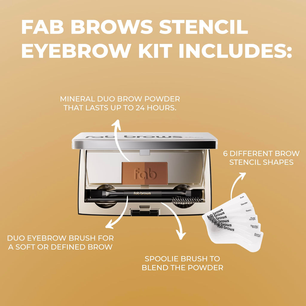 Fab Brows Duo Eyebrow Kit, Ultimate Brow Stencil Kit with Compact Powder Mirror and Eyebrow Shaper, Waterproof Eyebrow Makeup Kit Contour Palette, Eyebrow Cosmetics, (Dark Brown/Chocolate Brown)