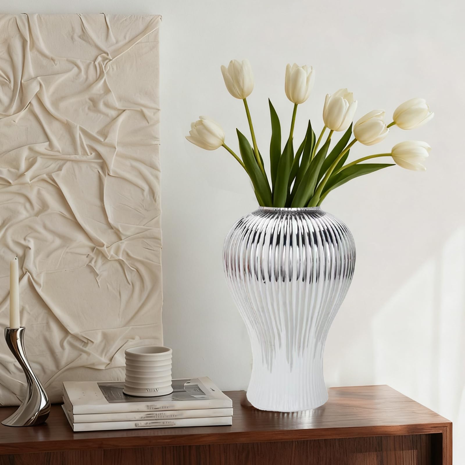 Ginger Jar, White Gold Ceramic Vase Large Handmade Porcelain Vases with Lid, White Gold Decorative Flower Vase for Home, Living Room, Weddings, Centerpieces (18in with Lid)