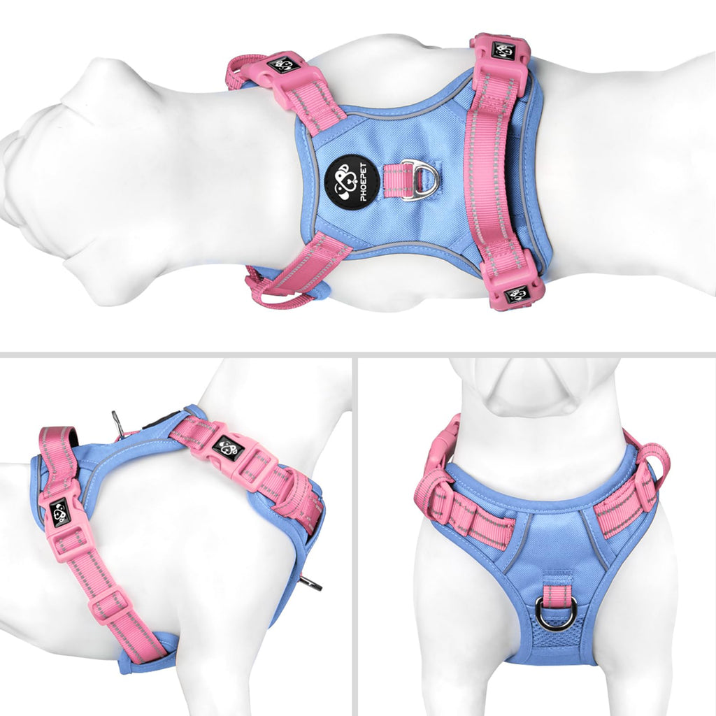 PHOEPET No Pull Dog Harness, Unique Colors Reflective Adjustable Dog Vest, with Soft Training Handle Metal Clips for Small Medium Large Dogs (Baby Blue Base & Pink Straps,S)