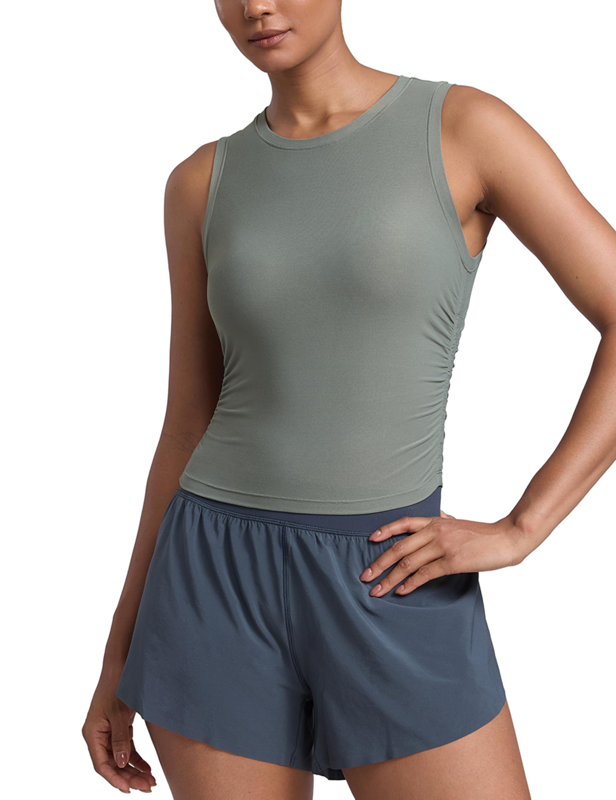 CRZ YOGA Cloudweight Womens Ruched Tank High Neck Workout Fitted Tops Basic Yoga Athletic Sleeveless Shirts
