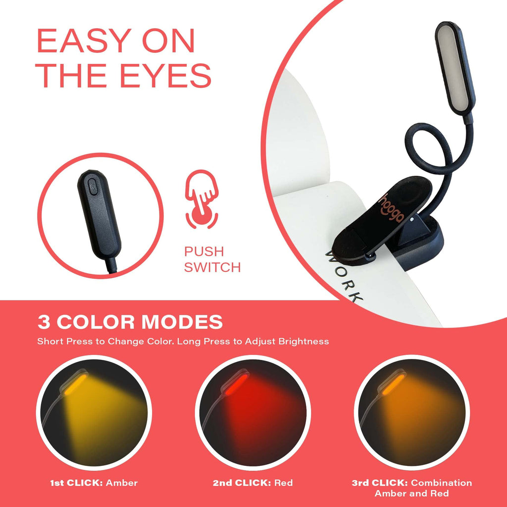 hooga Red Book Light, Rechargeable Clip On 625nm LED Light for Reading in Bed. No Blue Light Emitted, Eye Care Light for Strain-Free, Healthy Eyes. Gift for Students, Kids, Travel, Nursing, Studying.
