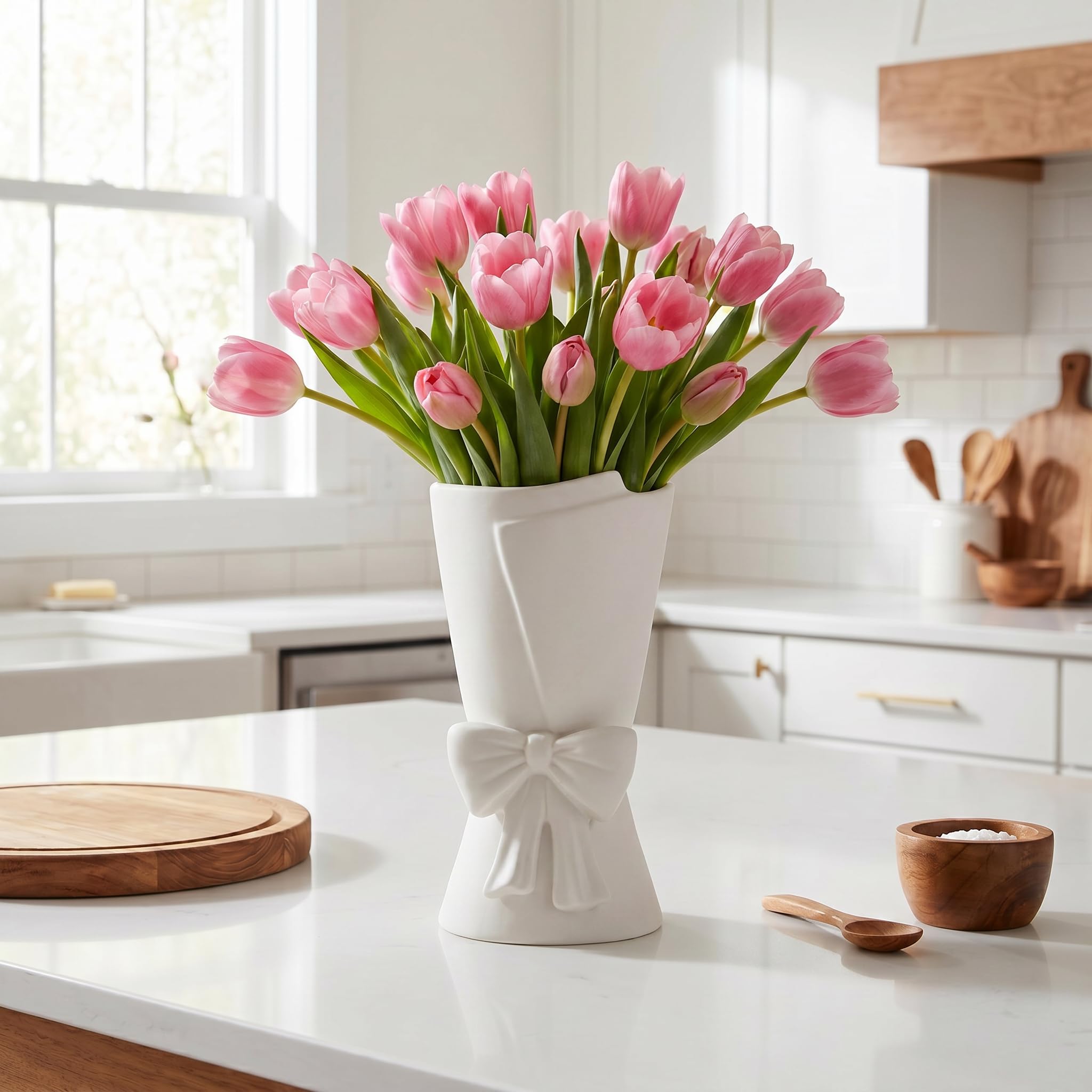 Relexome Beige Ceramic Bow Vase 9.64 in Unique Cute Modern Decorative Bouquet Flower Vases for Home Living Room Table Decor Women Girl Gifts