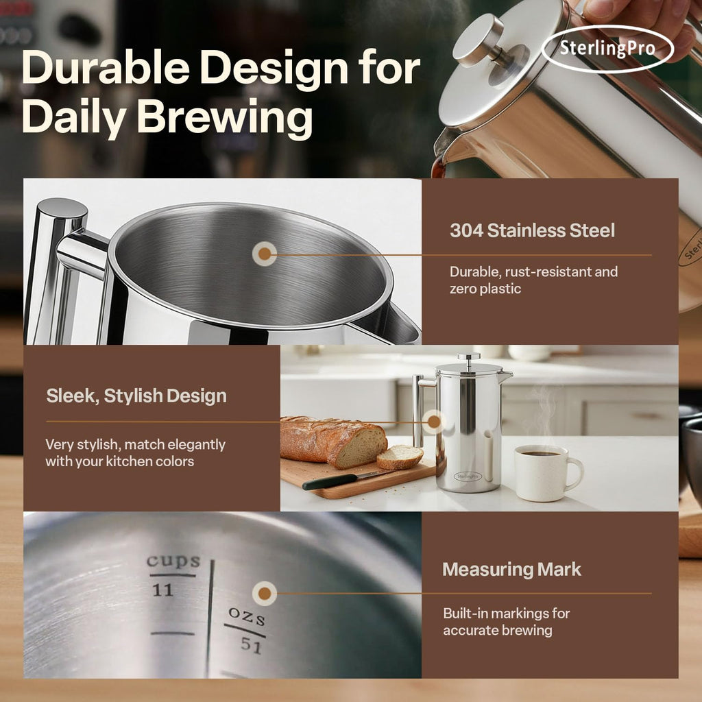 SterlingPro Stainless Steel French Press Coffee Maker 1 L (34 oz) Black – Double Walled Insulated Large Coffee Press, Durable Design Keeps Drinks Hot, Easy to Use and Clean for Rich Flavor Brewing