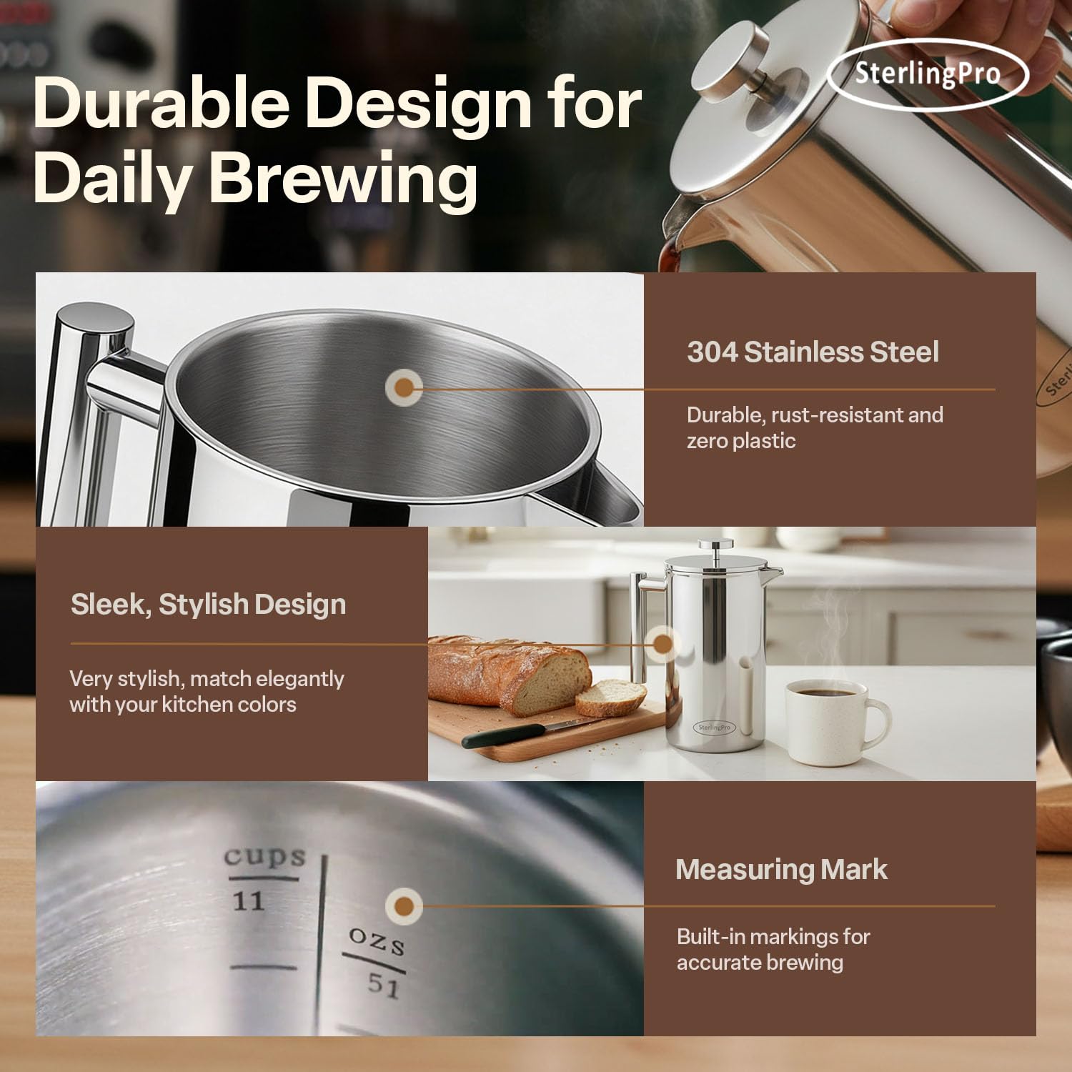 SterlingPro Stainless Steel French Press Coffee Maker 1 L (34 oz) Black – Double Walled Insulated Large Coffee Press, Durable Design Keeps Drinks Hot, Easy to Use and Clean for Rich Flavor Brewing