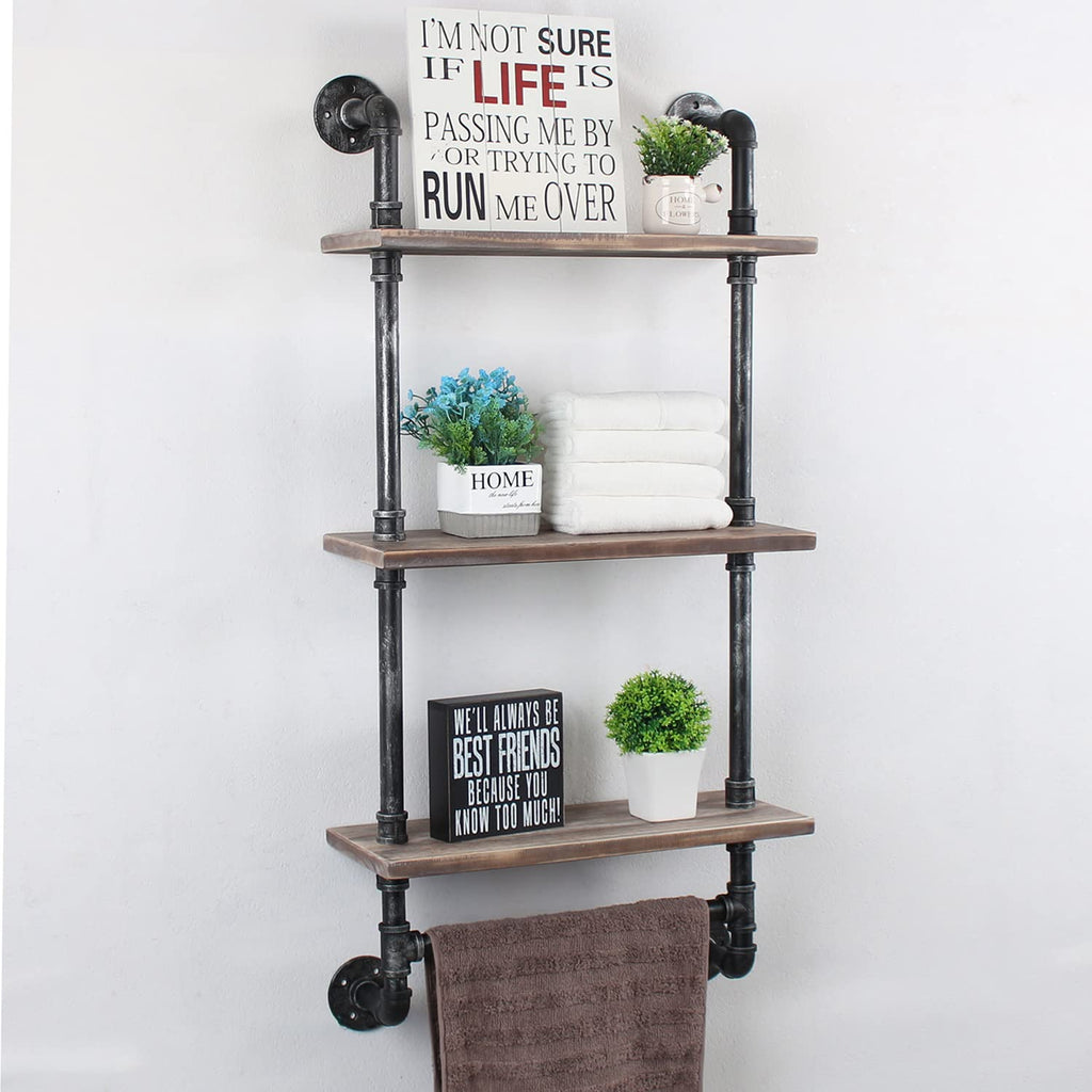 MBQQ Industrial Pipe Shelf Bathroom Shelves Wall Mounted,19.6in Rustic Wood Shelf with Towel Bar,1 Tier Farmhouse Towel Rack,Pipe Shelving Floating Shelves Towel Holder,Black & White