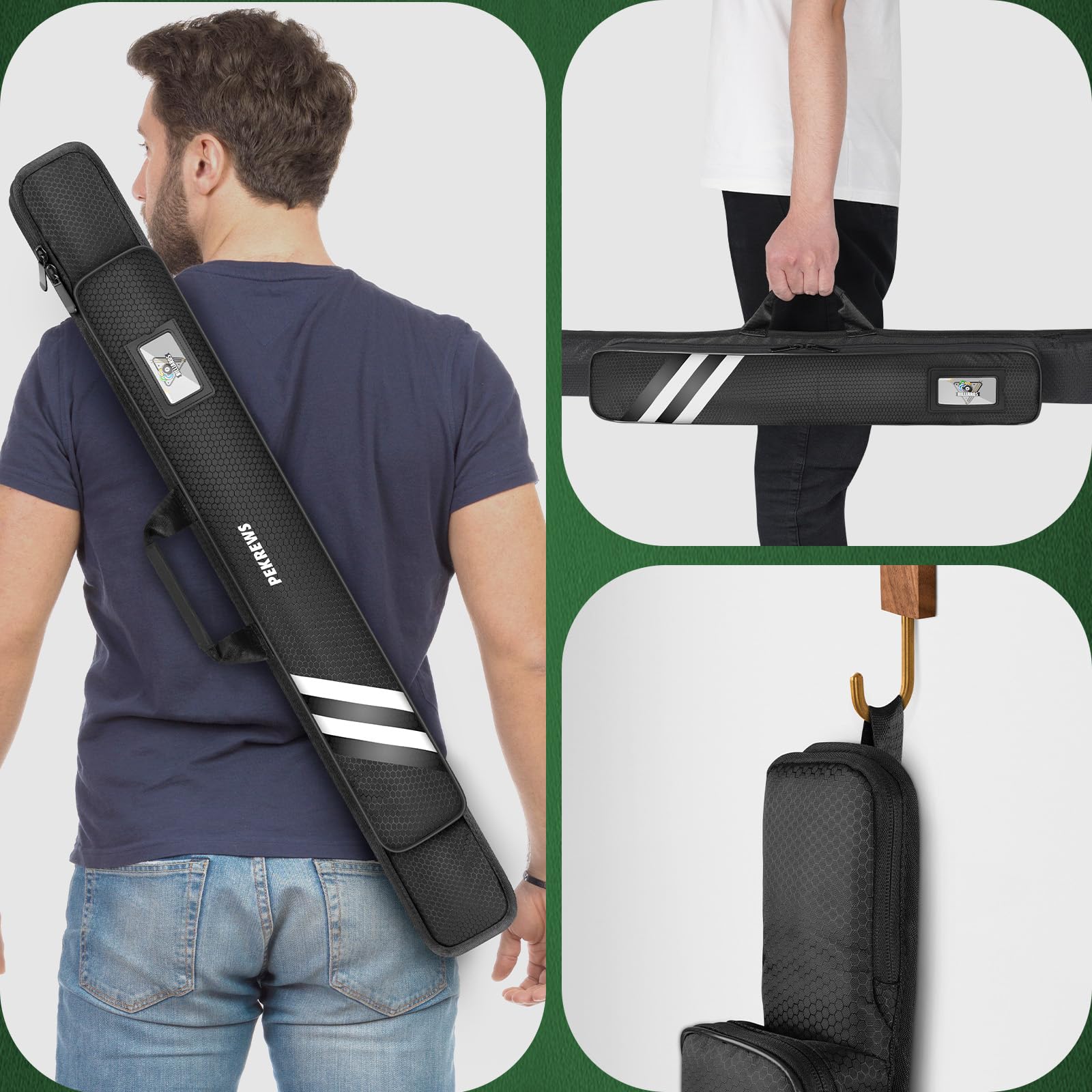 PEKREWS Pool Cue Case, Soft Pool Stick Case 1x1 Holds 1 Butt and 1 Shaft with Queue Zipper Pocket, Sturdy Polyester Billiard Cue Bag with Shoulder Strap Handle, Billiard Stick Bag for Men and Women