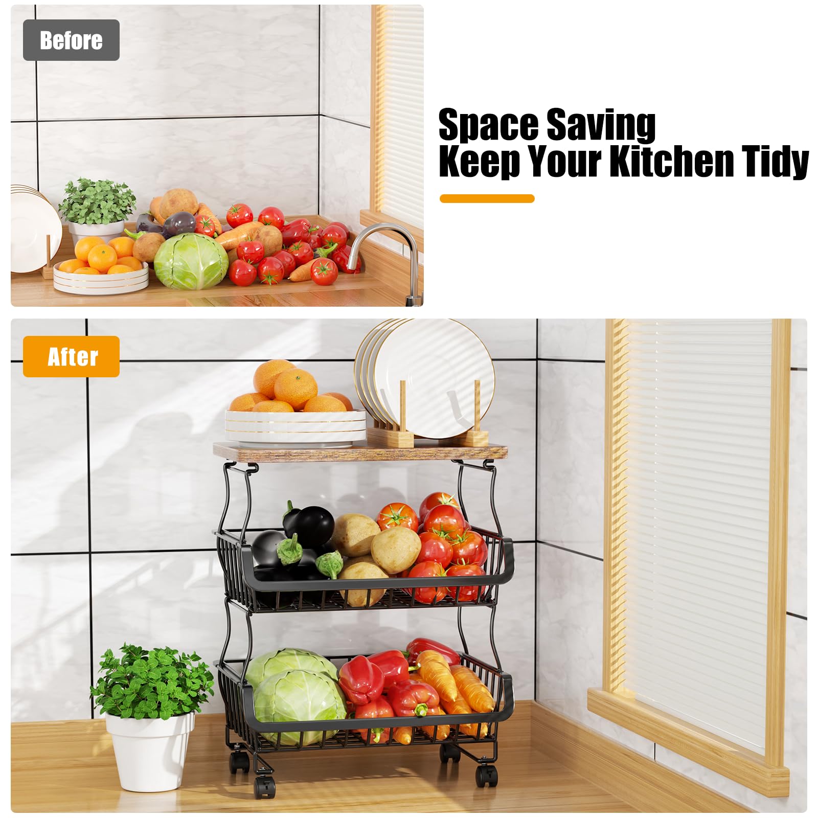 Gsiekare Fruit Vegetable Basket for Kitchen, 4 Tier Stackable Fruit Vegetable Storage Baskets with Wheels, Metal Wire Storage Basket Organizer Baskets for Kitchen, Pantry, Bathroom