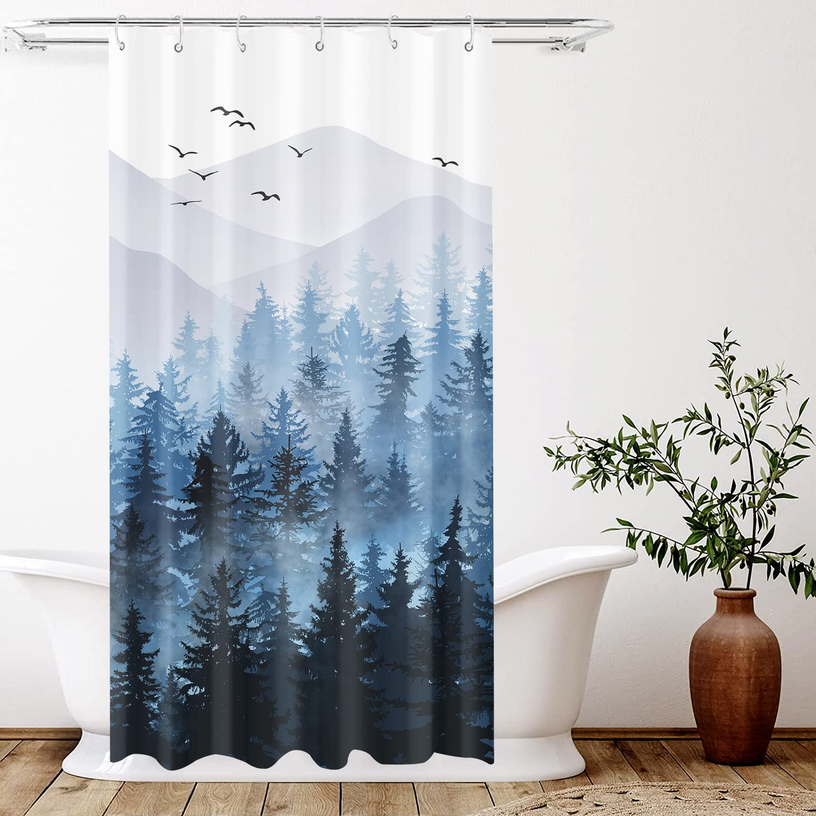Stall Small Black and White Misty Forest Shower Curtain Ombre Gray Grey Mountain Pine Tree Waterproof Fabric Shower Curtains for Bathroom Nature Woodland Decorative Bath Curtain Decor 36×72 Inches