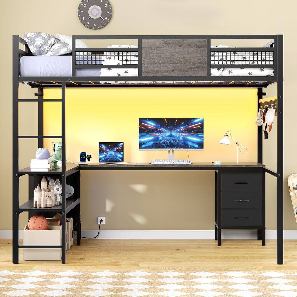 ADORNEVE Loft Bed Full Size with L-Shaped Desk, 3 Storage Drawers, Power Outlet, 3 Storage Shelves, Metal Loft Bed Frame with RGB Lights, Bed with Safety Guardrail & Ladders,Space-Saving, Grey