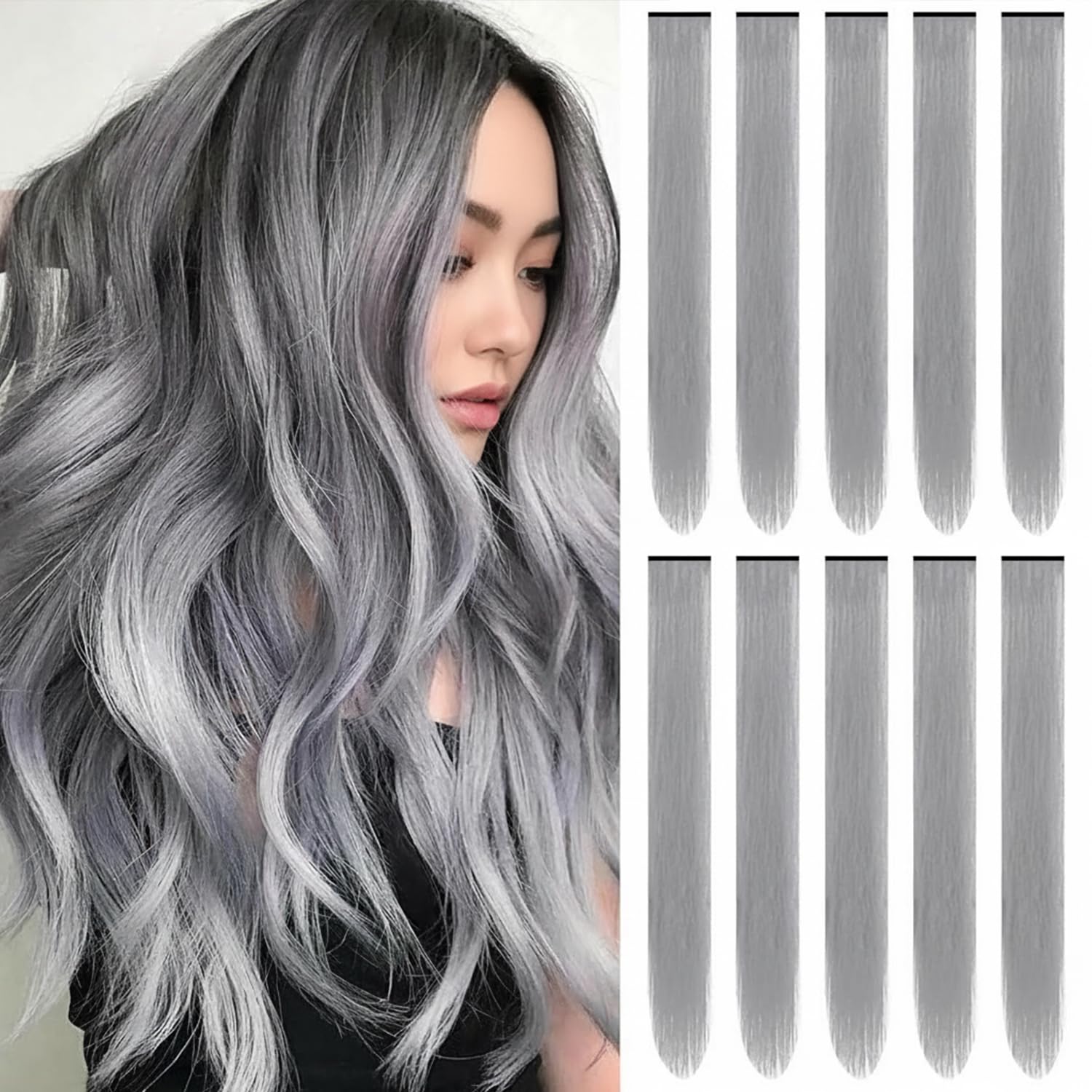 22 inch Colored Hair Extensions,Colorful Clip in Long Straight Synthetic Hair Extensions,Color Party Highlights Hairpieces for Women Girls Cosplay Styling(10 PCS Black)