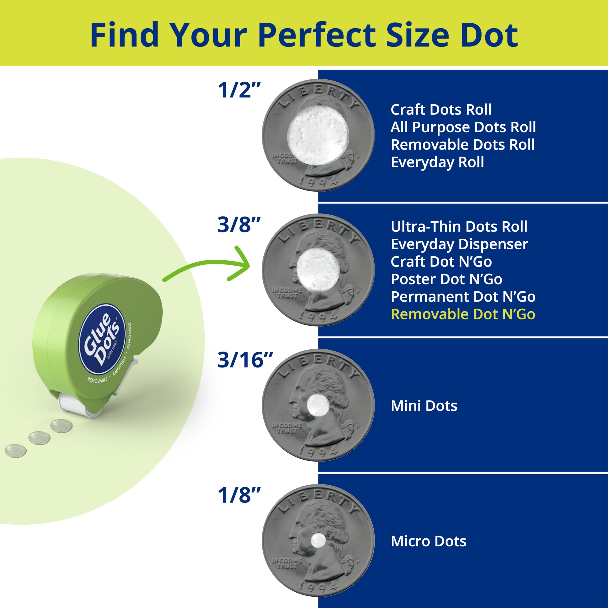 Glue Dots, Removable Dots Dot N' Go Dispenser, Double-Sided, 3/8", .38 Inch, 200 Dots, DIY Craft Glue Tape, Sticky Adhesive Glue Points, Liquid Glue Alternative, Clear