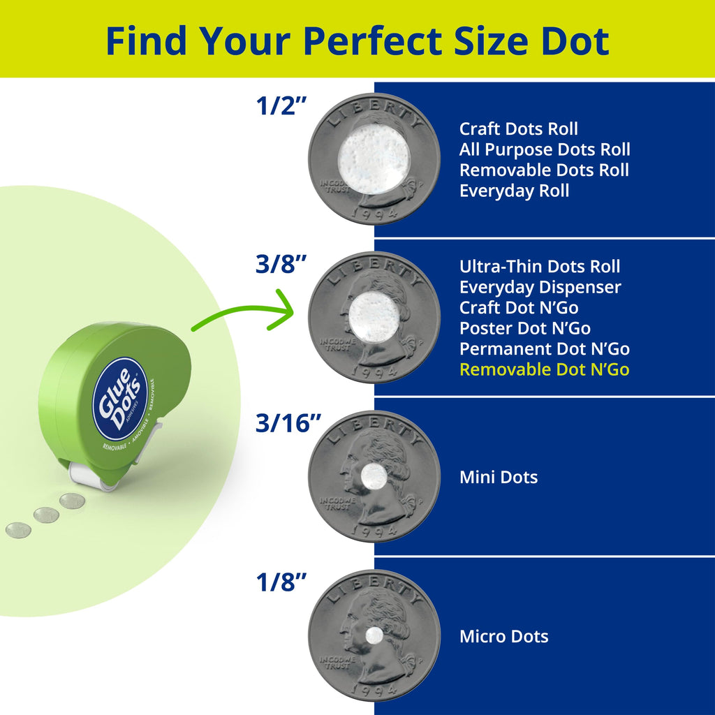Glue Dots, Removable Dots Dot N' Go Dispenser, Double-Sided, 3/8", .38 Inch, 200 Dots, DIY Craft Glue Tape, Sticky Adhesive Glue Points, Liquid Glue Alternative, Clear