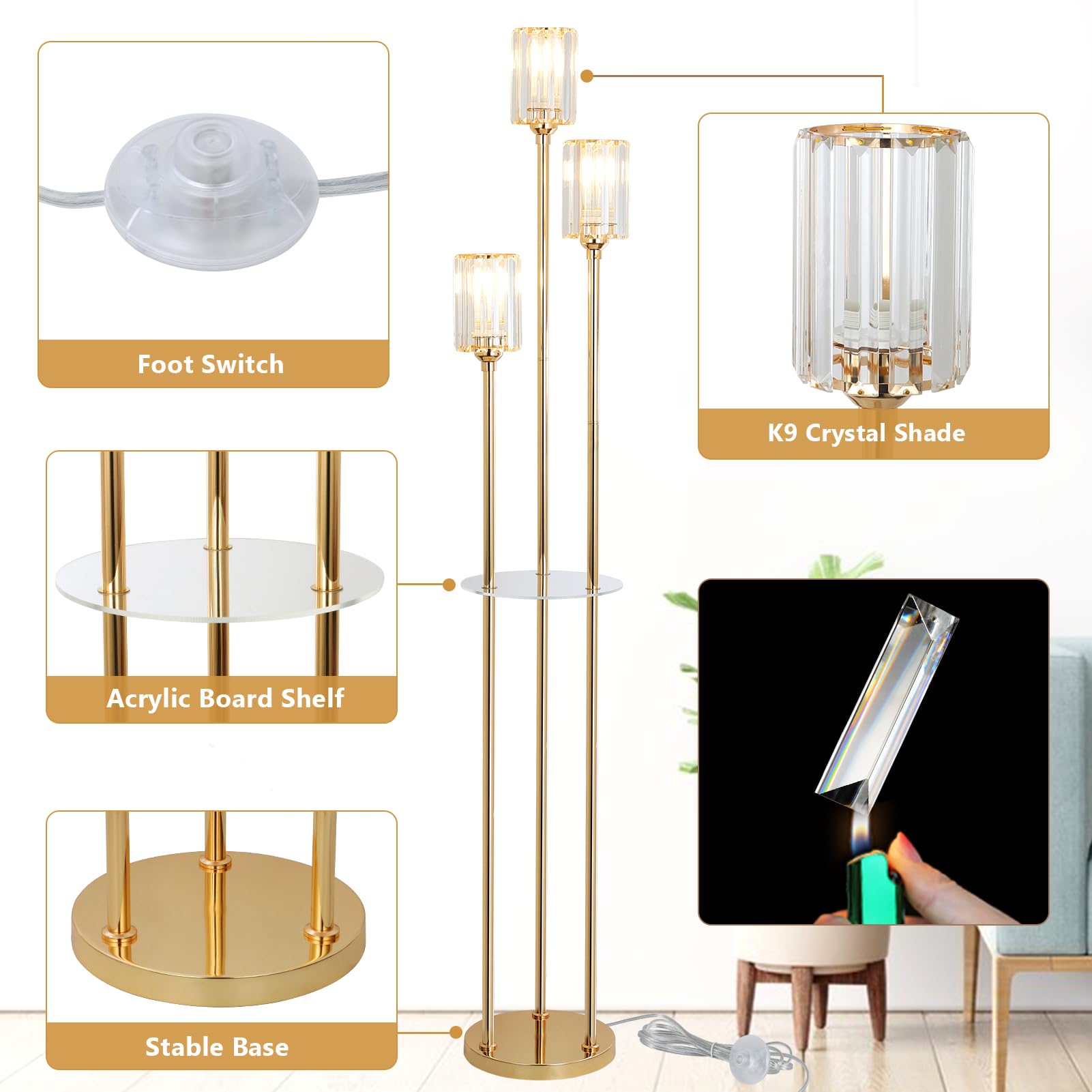 HMVPL Gold Floor Lamps for Living Room, Modern Floor Lamp with Shelves, Crystal Standing Lamps with Table, Brass Tall Lamp with Crystal Shade, On/Off Switch, Mid Century Corner Floor Lamp for Bedroom