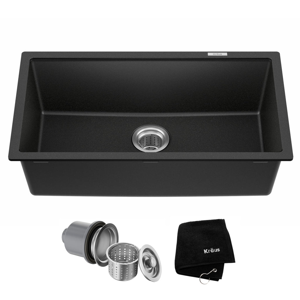 KRAUS Quarza 31-inch Undermount Single Bowl Granite Kitchen Sink in Black Onyx, KGU-413B