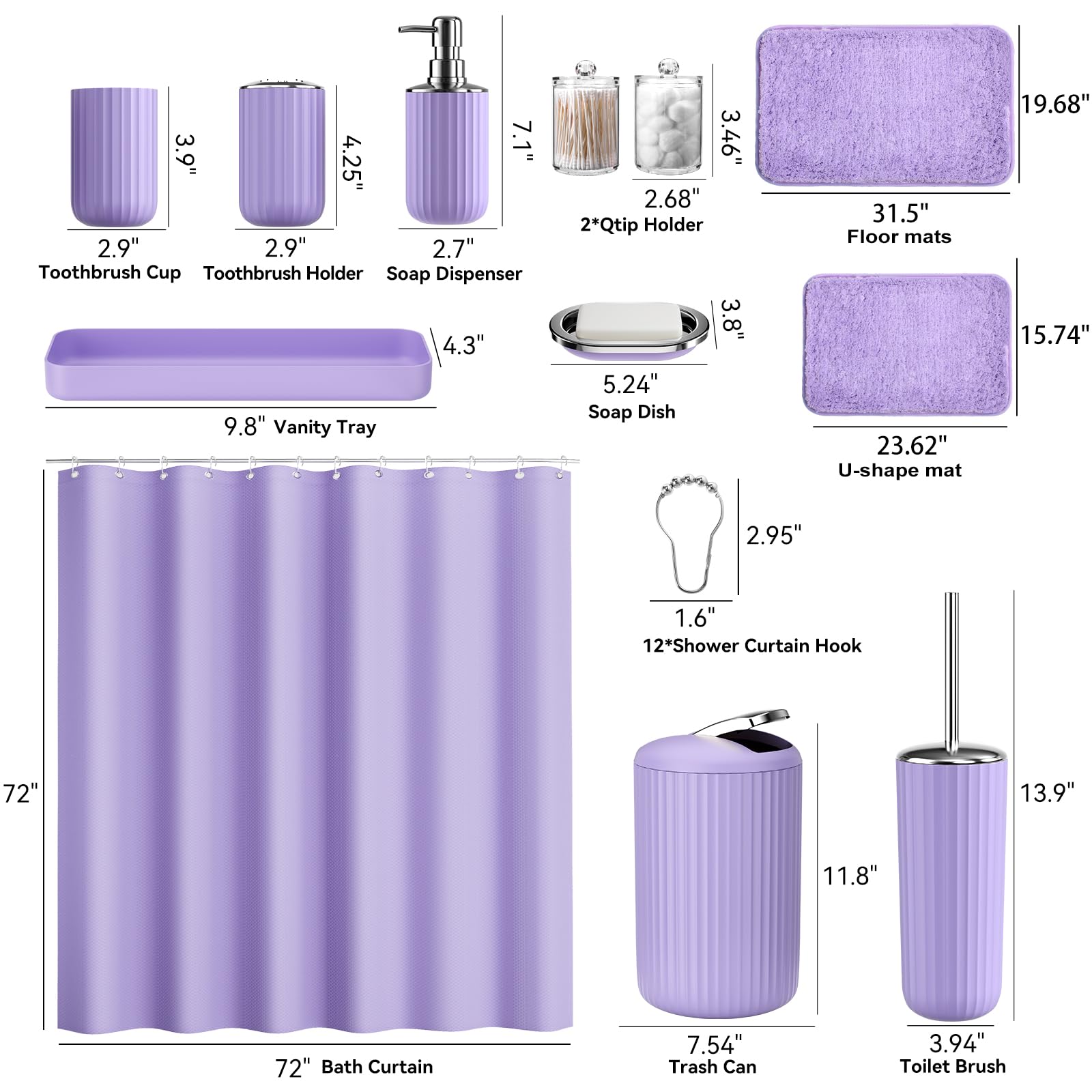 XLHOMO 24 PCS Black Bathroom Accessories Set with Shower Curtain and Rugs, Bathroom Decor Set with Trash Can, Toilet Brush, Soap Dispenser, Toothbrush Holder, Tumbler, Soap Dish and Jars