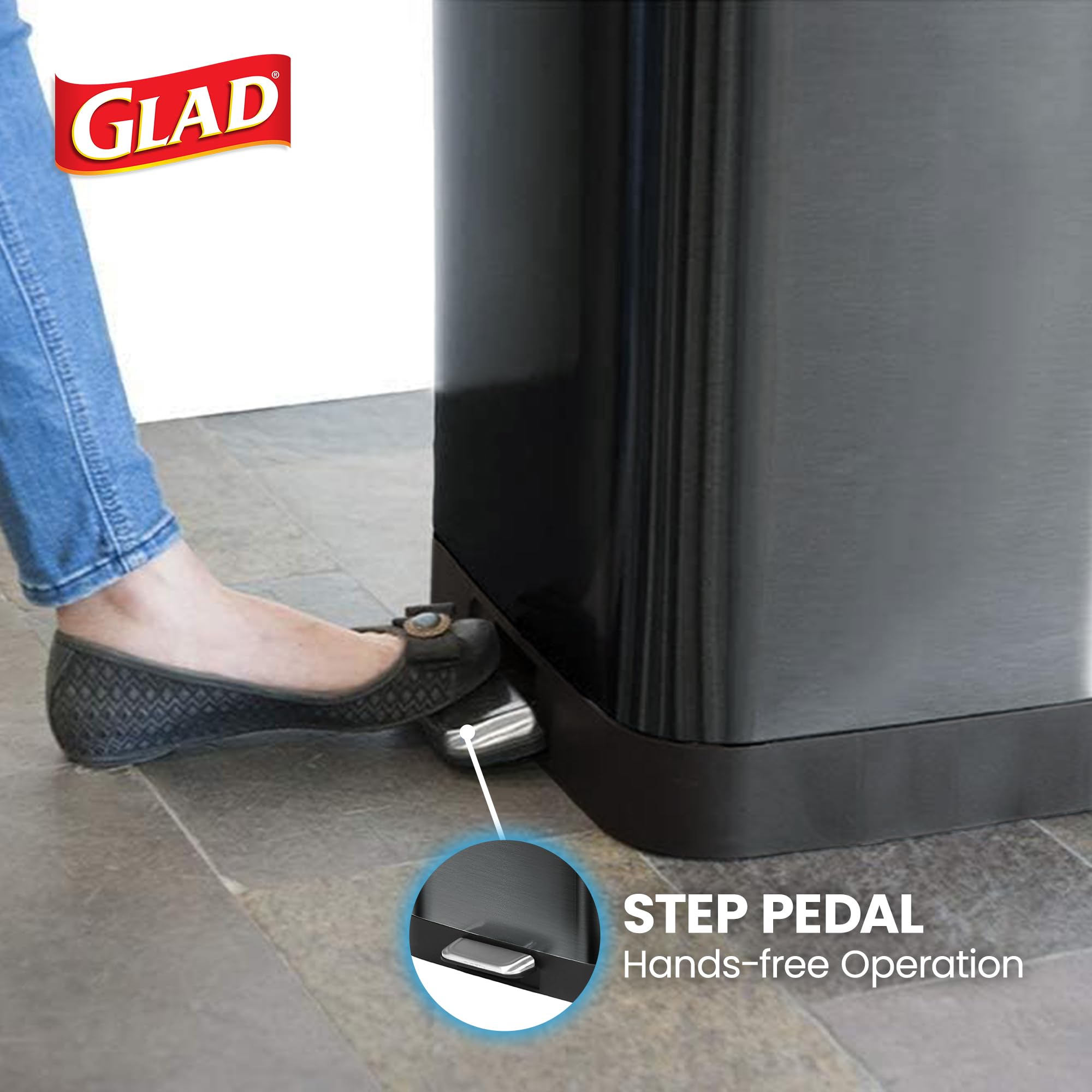 Glad 13 Gallon All Brushed Stainless Steel Trash Can with Clorox Odor Protection | Large Metal Kitchen Garbage Bin with Soft Close Lid, Garbage Bag Rings, Step On Foot Pedal and Waste Bag Roll Holder