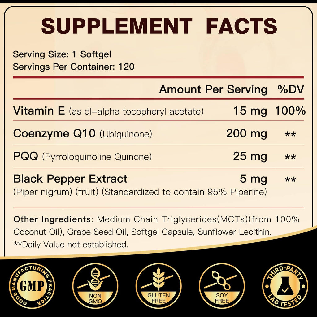 DRFOSTER Coq10 200mg, Co q 10 Supplement for Heart Supports & Energy Production, 6X High Absorption with Vitamin E & PQQ & Black Pepper Extract, 200mg Softgels, 120 Servings