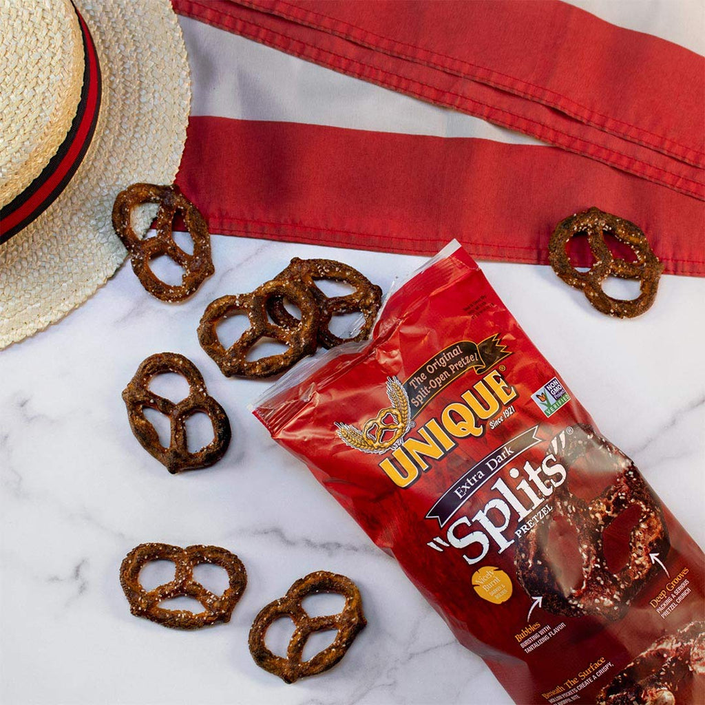 Unique Snacks Extra Dark Splits Pretzels, Original Split-Open Pretzels, Delicious Homestyle-Baked Snack Bag, Vegan, OU Kosher, and Non-GMO Food, No Artificial Flavor, 2 Oz. Bag, Pack of 12