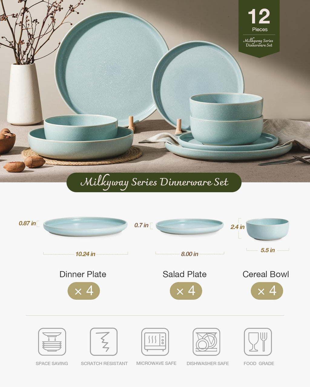 Famiware Pluto Stoneware Dinnerware Sets, 12-Piece Double Reactive Glaze Plates and Bowls Sets, Dishware Sets for Everyday & Formal Dining, Irregular Edge Dishes, Service for 4, Matte Beige White