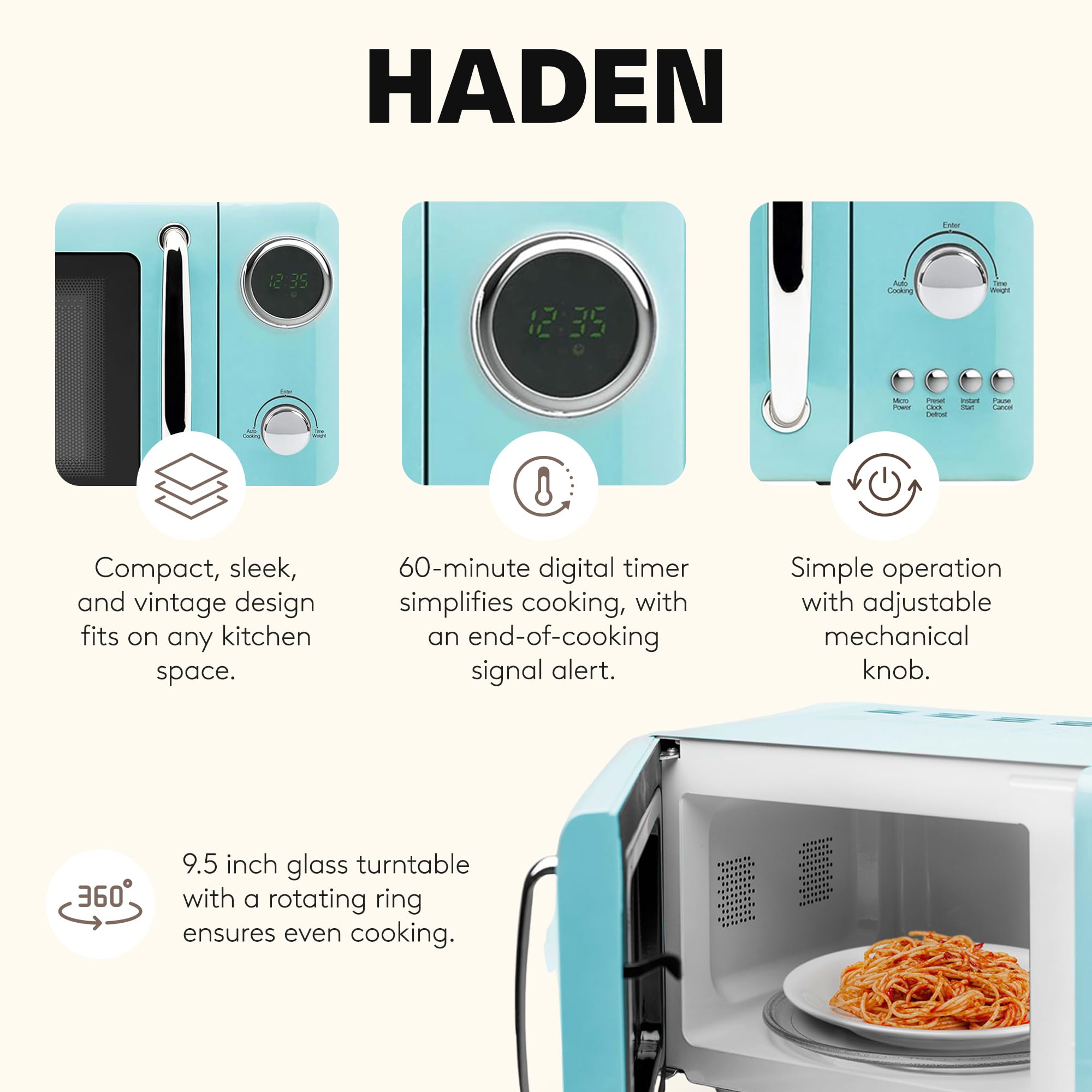 Haden 700 Watt 0.7 Cubic Foot Microwave Oven with Digital Controls, Defrost, and Instant Start Countertop Small Appliance, Ivory/Chrome