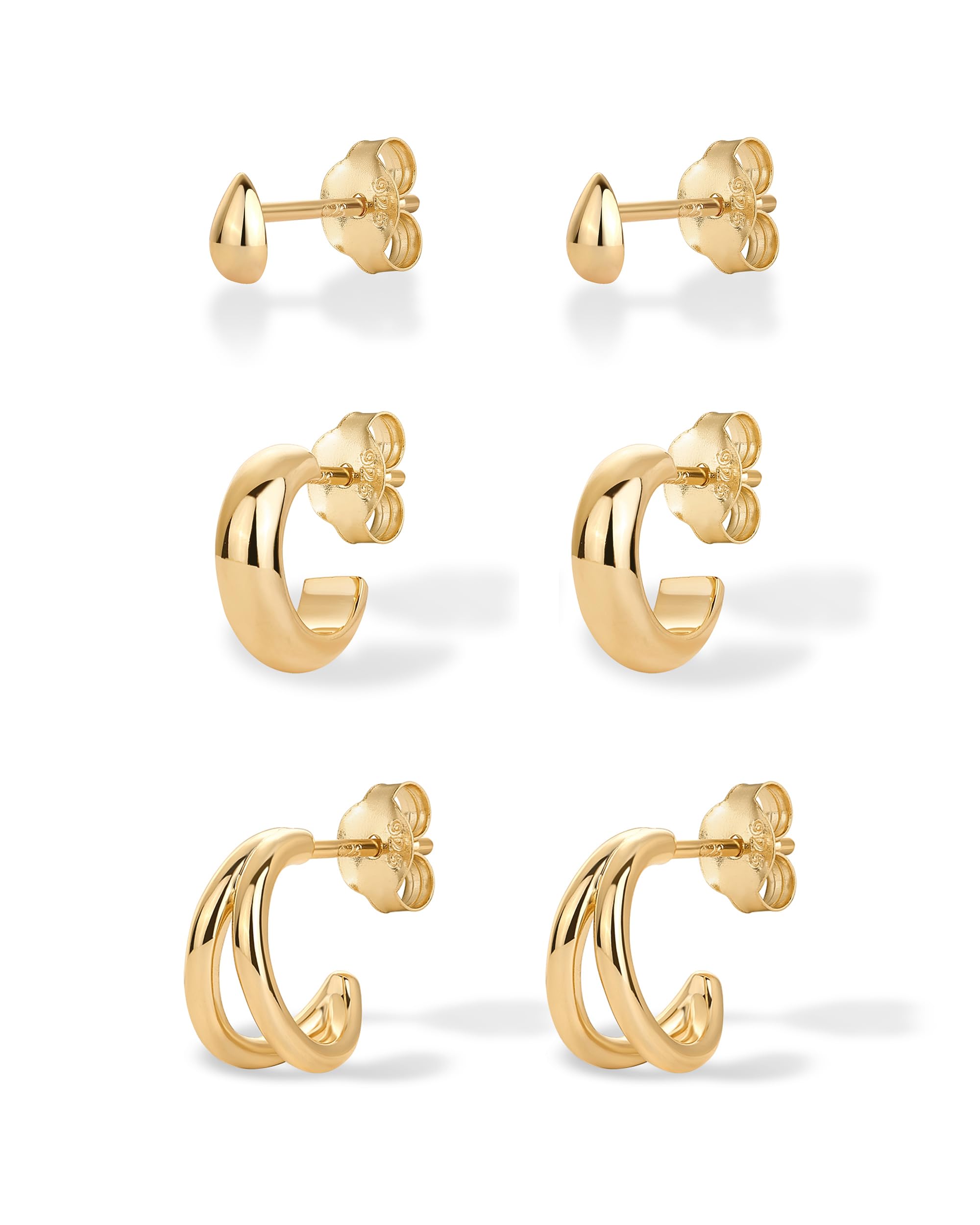 PAVOI Gold Hoop Earrings for Women - 14K-18K Yellow Gold Plated 925 Sterling Silver - Hypoallergenic 3-Pair Small Hoop Earings Set with Cubic Zirconia - Rope Teardrop & Chunky Huggie Styles Earscape Piercings