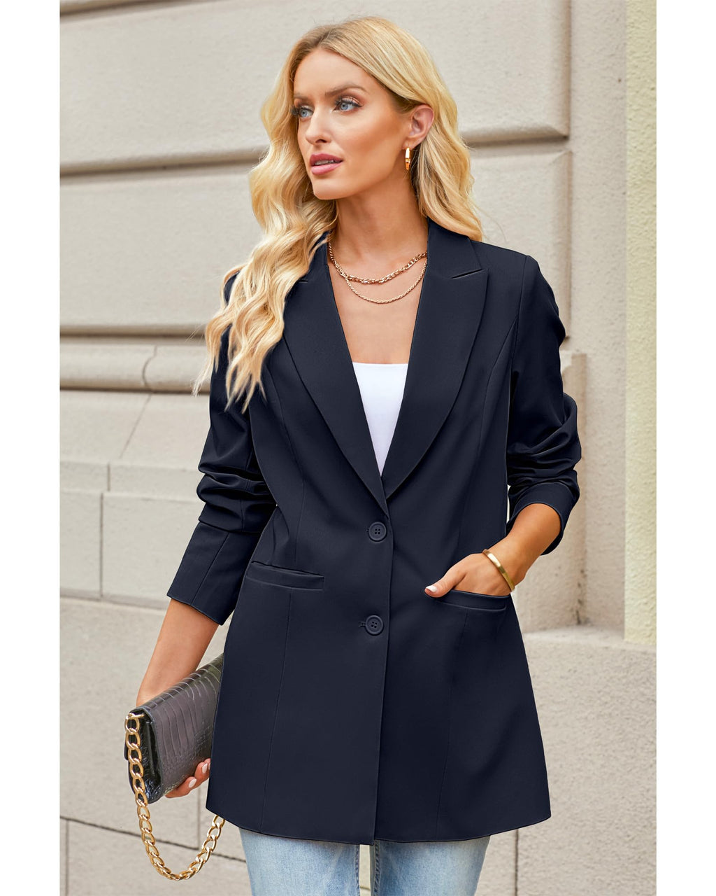 luvamia Blazers for Women Business Casual Long Blazer Jackets Dressy Work Professional Office Outfits Lapel Pockets