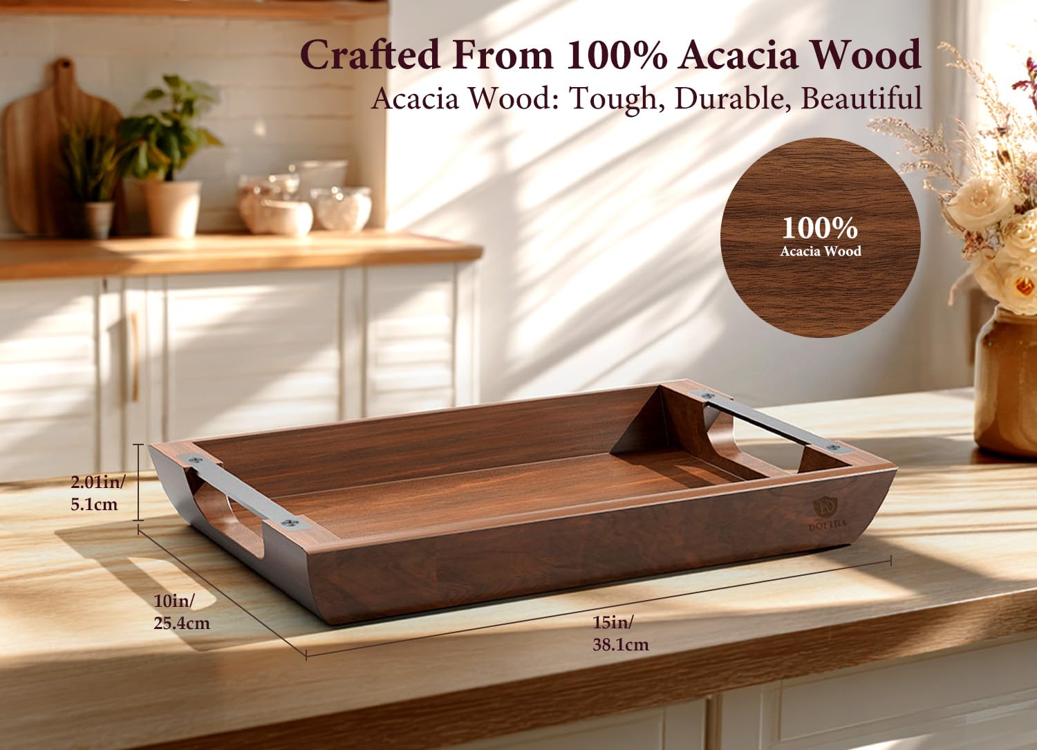 Acacia Wood Serving Tray with Metal Handles, 17x13in Food Drinks Tray for Coffee Table, Breakfast, Dinner & Bar, Rustic Decorative Storage Tray for Ottoman, Kitchen, Elegent Gift for Father