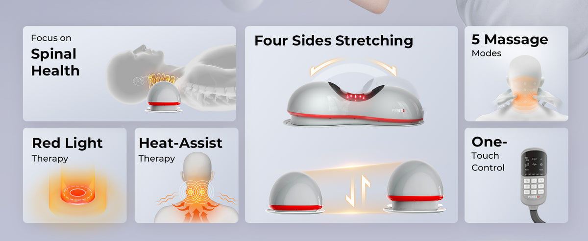 FliKEZE Heated Neck Stretcher with Red Light, Wireless Massager Pillow | 660nm/850nm Red Light, 3 Heat Levels & 5 Massage Modes, Ergonomic Design for Home Office Use to Relieve Neck Pain, Grey