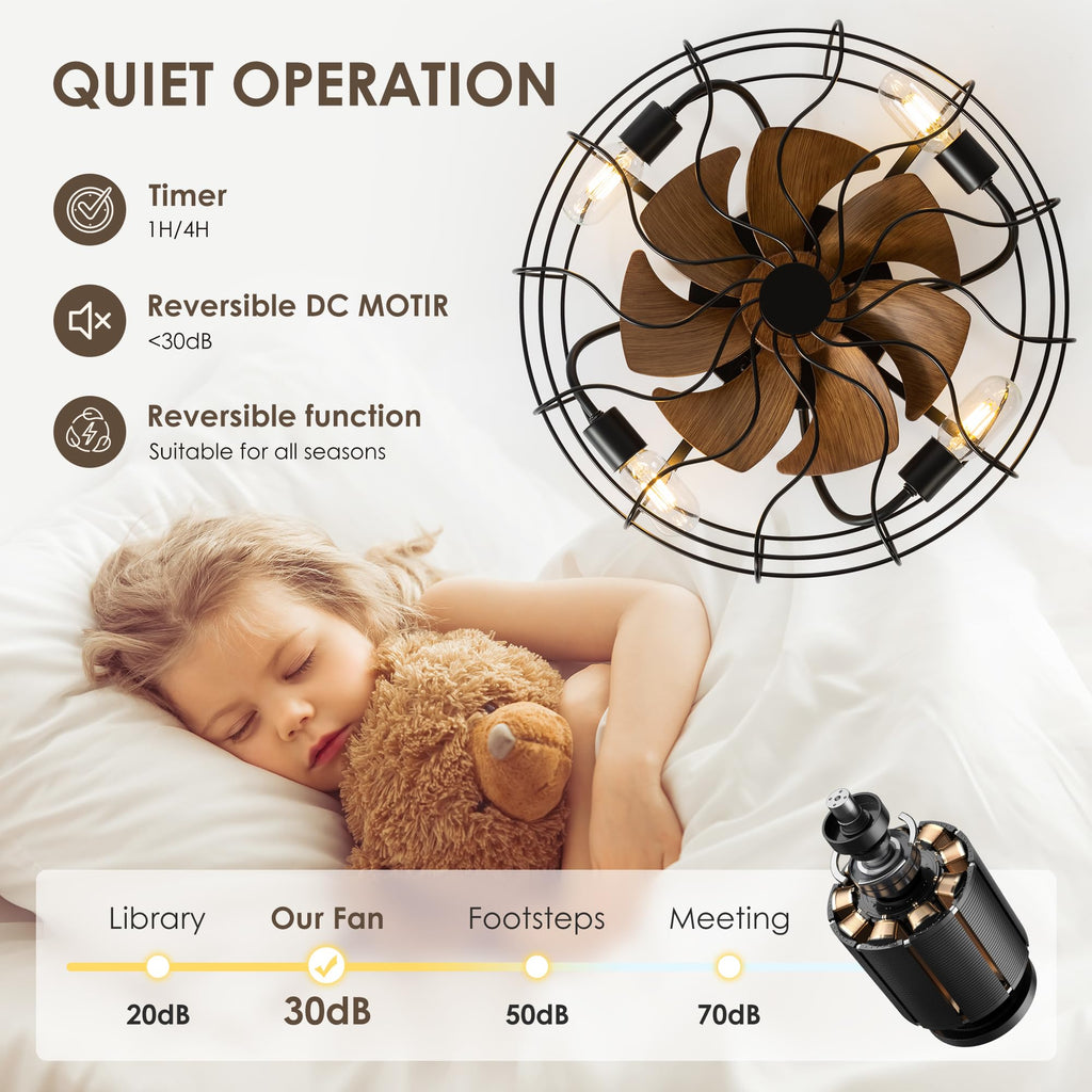 ZYD Caged Ceiling Fan with Light, 20" Ceiling Fan with Lights and Remote Flush Mount, Bladeless Caged Ceiling Fans with Lights, Matte Black Rustic Fan for Bedroom, Kitchen, Dining Room