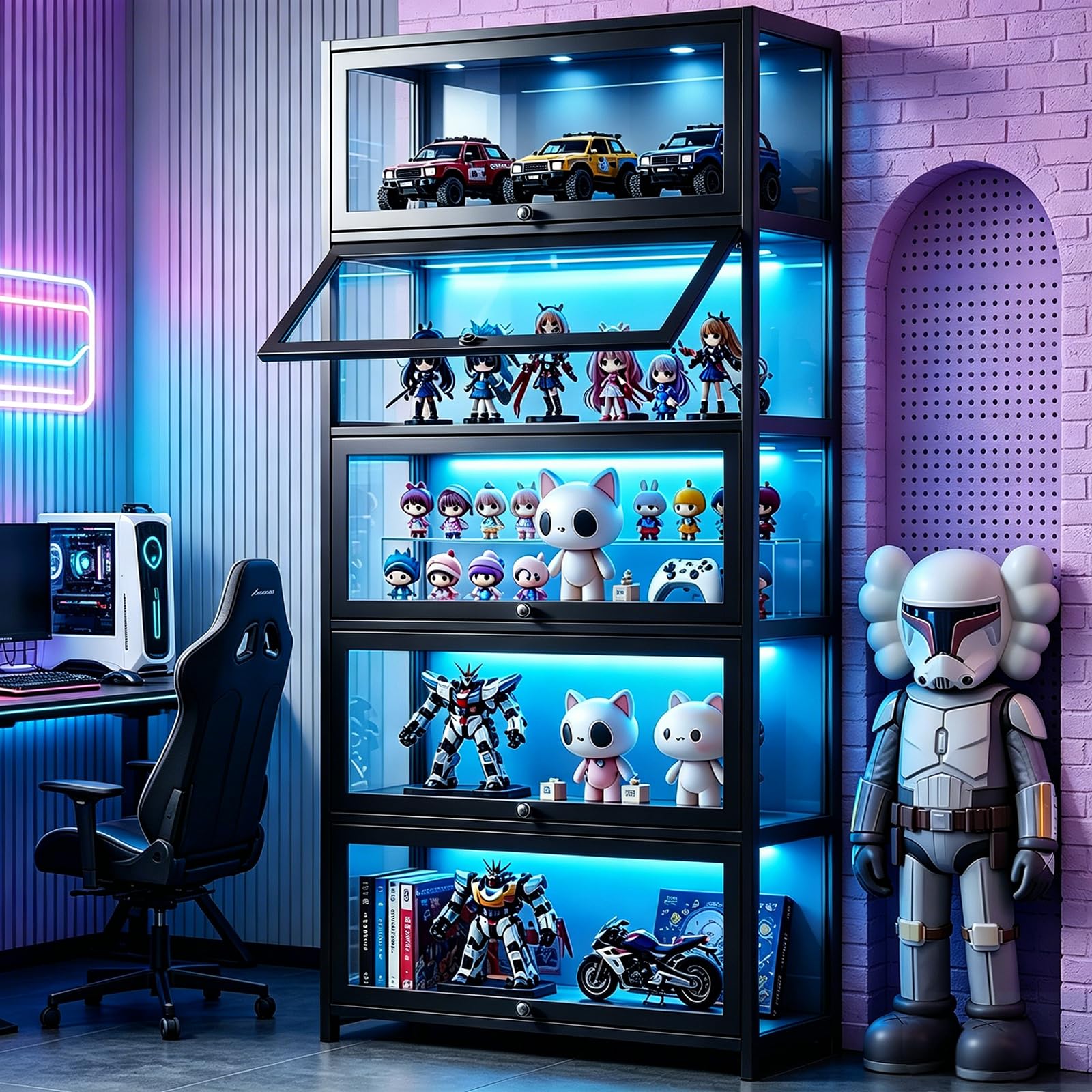 Display Cabinet with Acrylic Glass Door, 5 Tier Curio Display Case, Collectibles Toy Organizers Rack & Display Shelf, Kids Bookcase for Bedroom, Reading Nook, living Room, Bamboo (Black -flip Door)