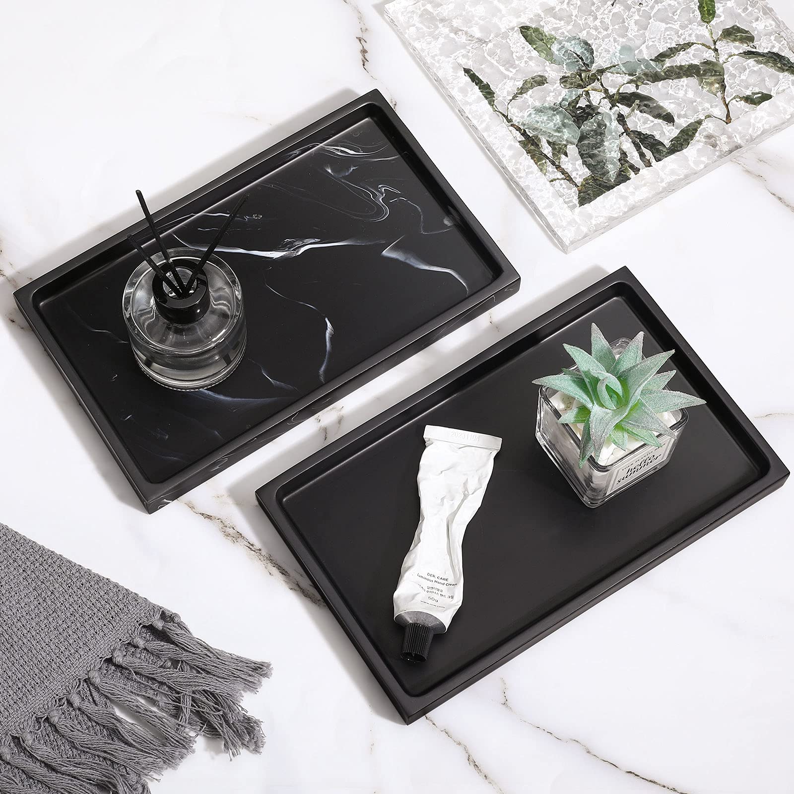 Luxspire Bathroom Vanity Tray, Resin Dresser Jewelry Ring Dish Tank Storage Kitchen Sink Countertop Organizer Plate Holder for Perfume Candles Soap Towel Plant Bathroom Accessories, M, Matte Black