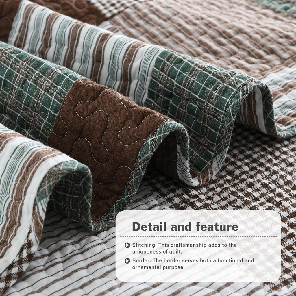 Y-PLWOMEN 100% Cotton Farmhouse Plaid Lightweight 3-Pieces Quilt Set (Blue Brown, Queen90 * 98 Inch)