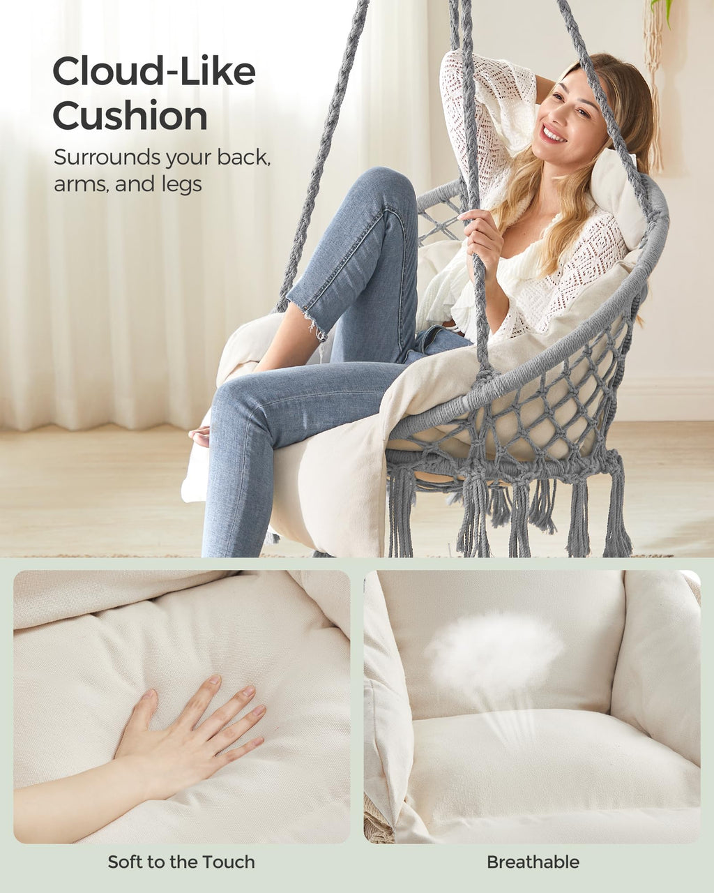 SONGMICS Hanging Chair, Hammock Chair with Large, Thick Cushion, Boho Swing Chair for Bedroom, Patio, Balcony, Garden, Holds up to 264 lb, Accessories Included, Cream White UGDC042M01