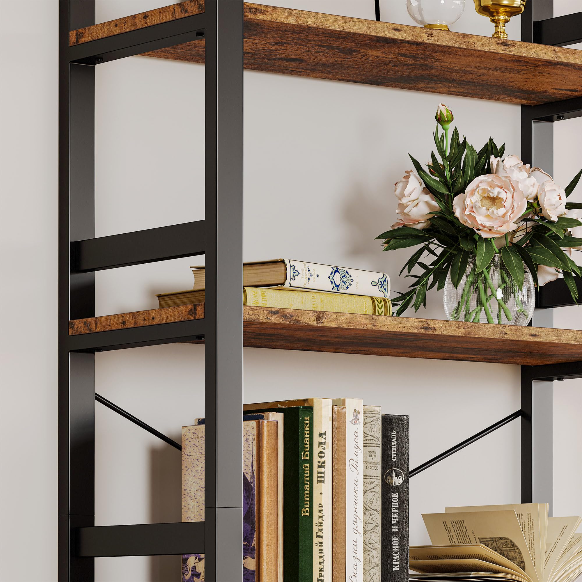 IRONCK Bookshelf, 31.5in Wide Shelf 6 Tier Bookcase, 110lbs/shelf Vintage Industrial Style Bookshelves for Bedroom, Living Room and Home Office, Industrial Brown
