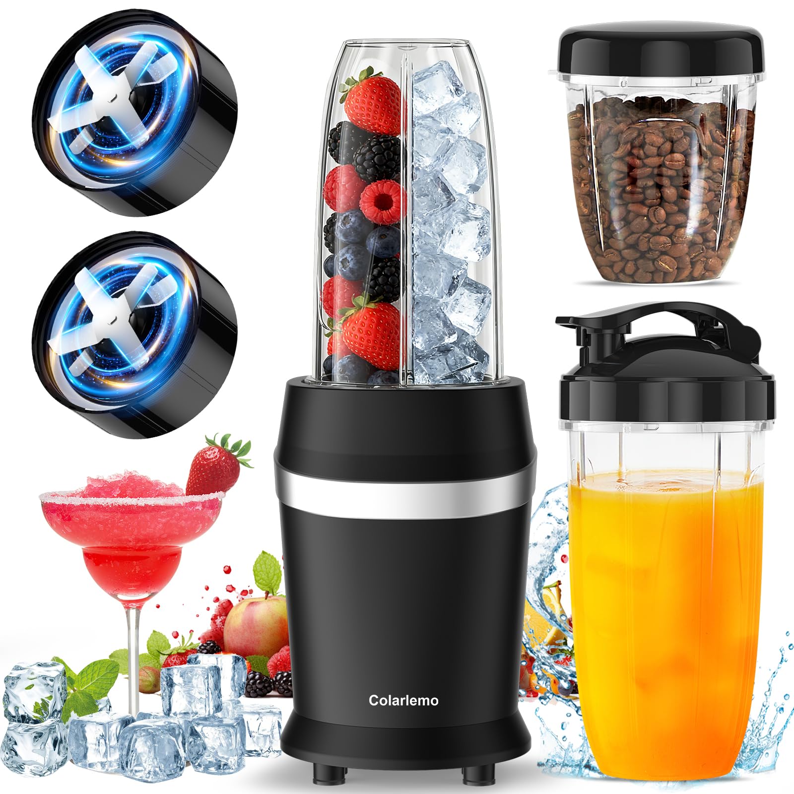 Colarlemo 12-Piece Smoothie Blender Maker 25,000 RPM Personal Blender for Ice Crushing Smoothies & Frozen Drinks Nuts with 23oz, 32oz, 37oz Portable Cups Two 6-Leaf Stainless Steel Blades, Silver
