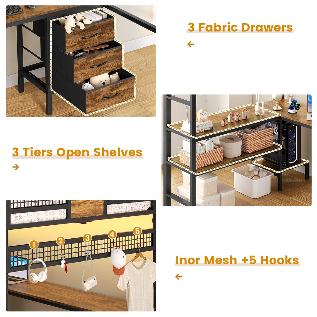 ADORNEVE Loft Bed Full Size with L-Shaped Desk, 3 Storage Drawers, Power Outlet, 3 Storage Shelves, Metal Loft Bed Frame with RGB Lights, Bed with Safety Guardrail & Ladders,Space-Saving, Grey