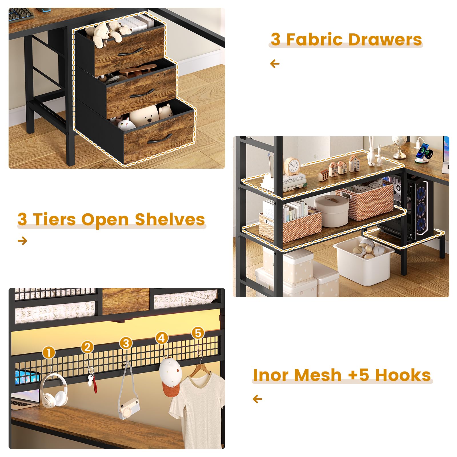 ADORNEVE Loft Bed Full Size with L-Shaped Desk, 3 Storage Drawers, Power Outlet, 3 Storage Shelves, Metal Loft Bed Frame with RGB Lights, Bed with Safety Guardrail & Ladders,Space-Saving, Grey